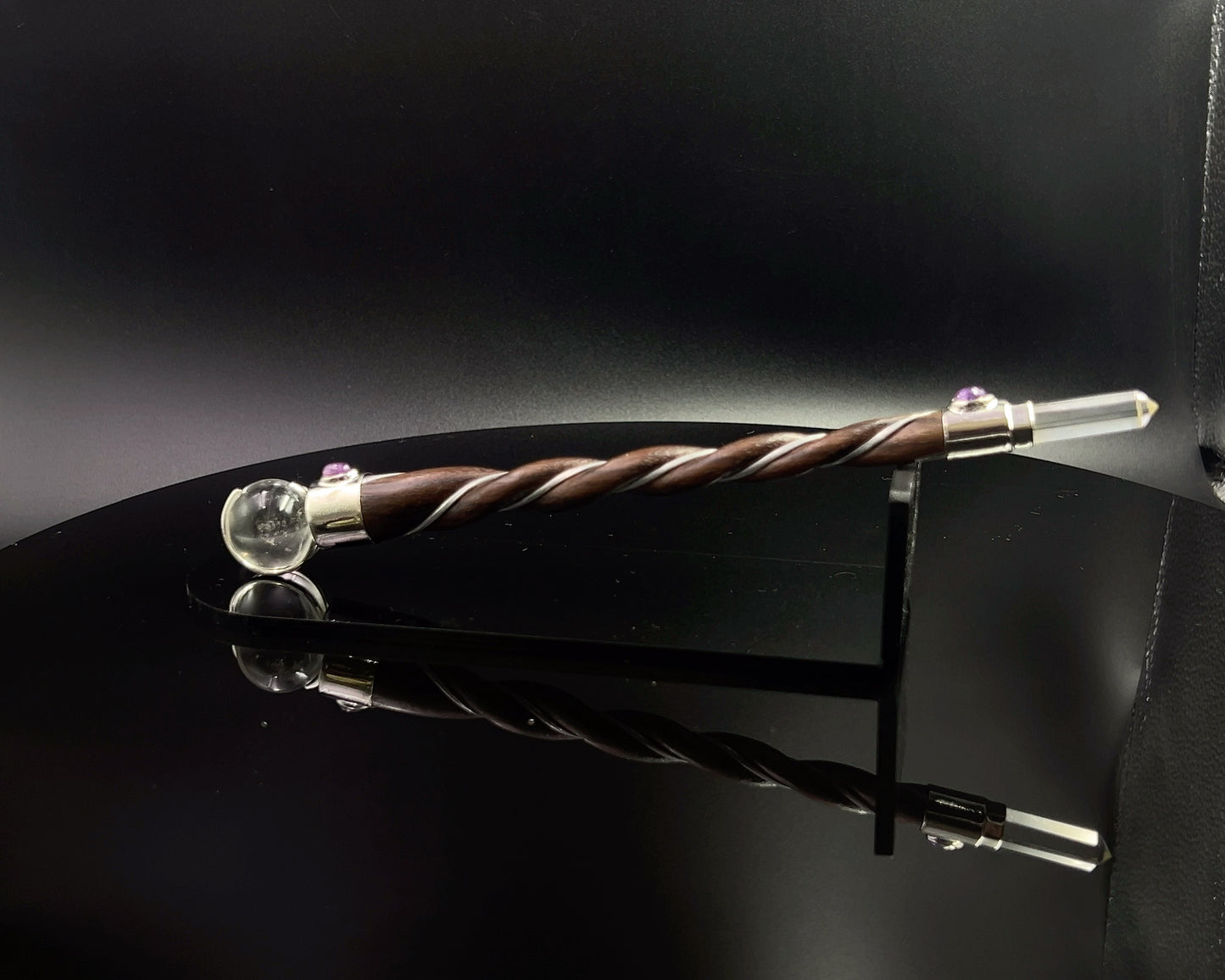 Small Natural Wood Wand with 2 Amethyst Accents and Crystal Sphere and Point in Silver Plated German Silver Setting