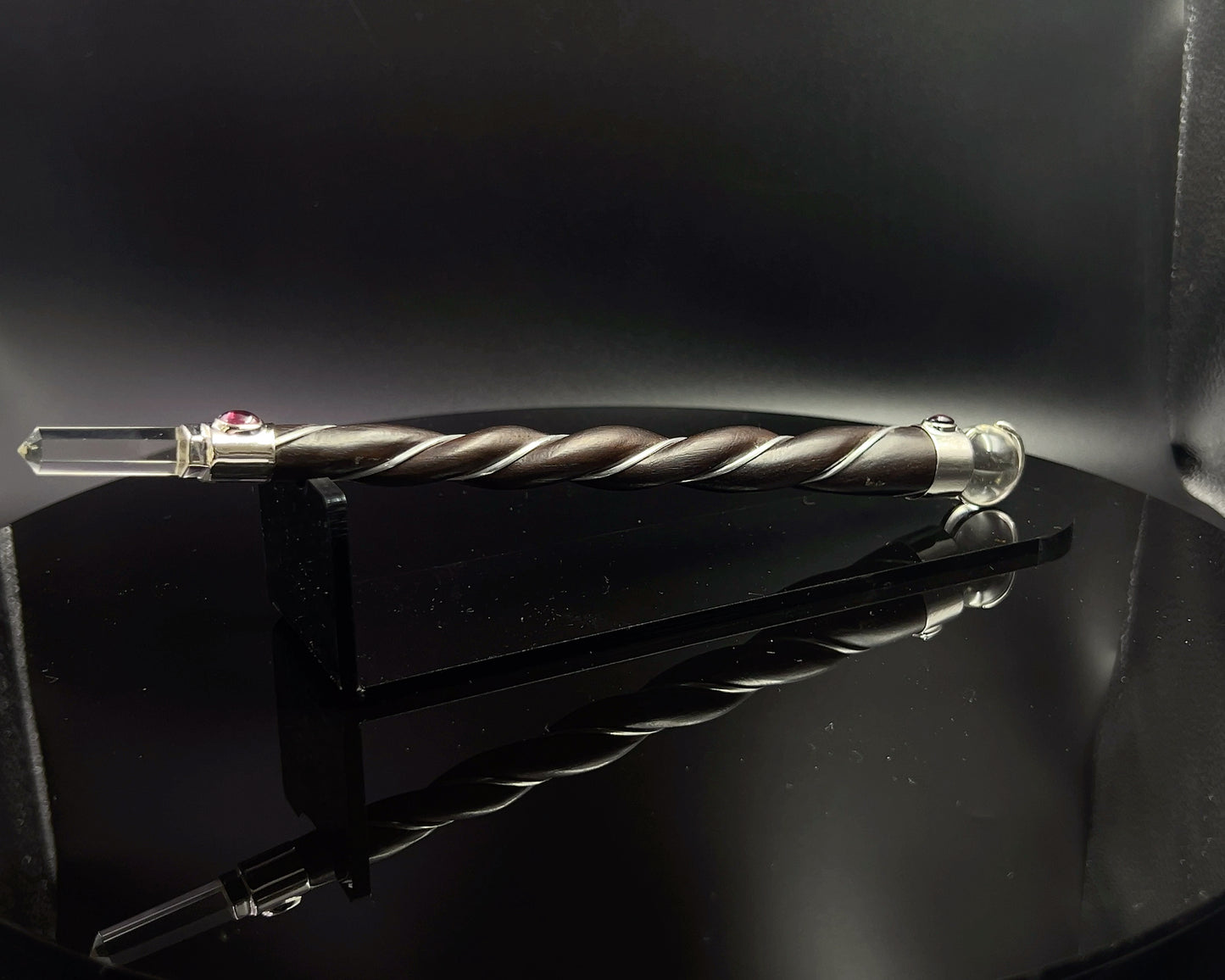 Medium Natural Wood Wand with 2 Garnet Accents and Crystal Sphere and Point in Silver Plated German Silver setting