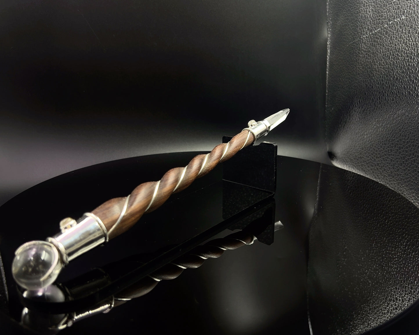 Medium Natural Wood Master Wand with Natural Himalayan Quartz Point, Rainbow Moonstone Accents, Quartz Sphere with Black Velvet Bag