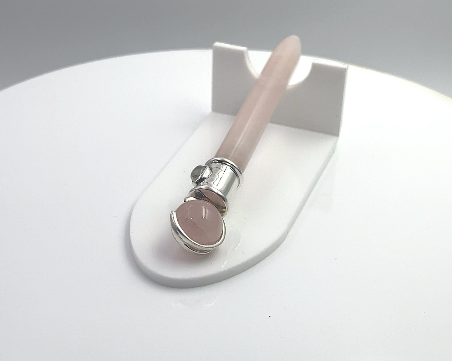 Rose Quartz Simple Wand Silver Plated with Rainbow Moonstone Accent, Rosequartz Ball in Green Velvet Bag