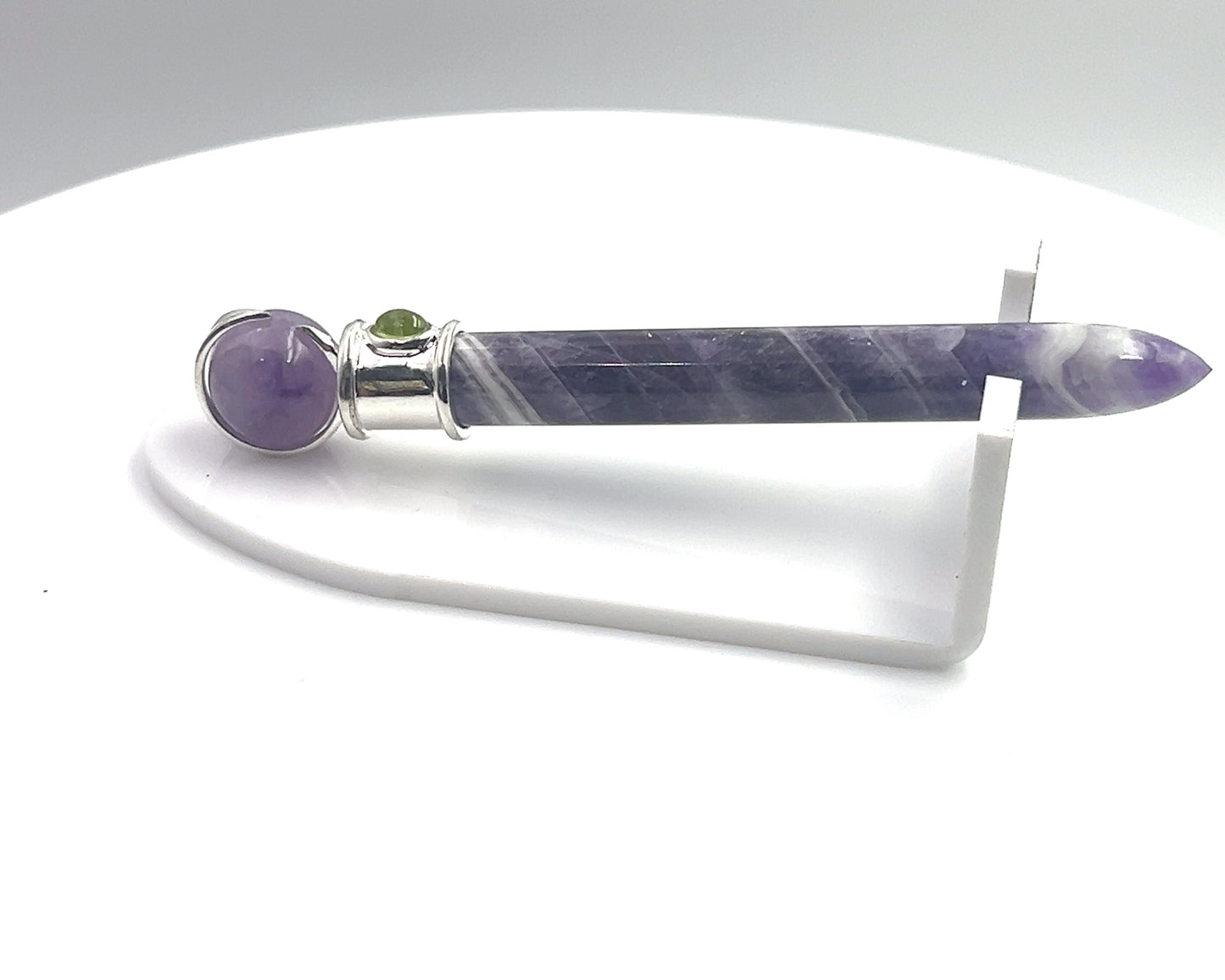 Amethyst Simple Wand Silver Plated with Peridot Accent, Amethyst Ball in Blue Velvet Bag