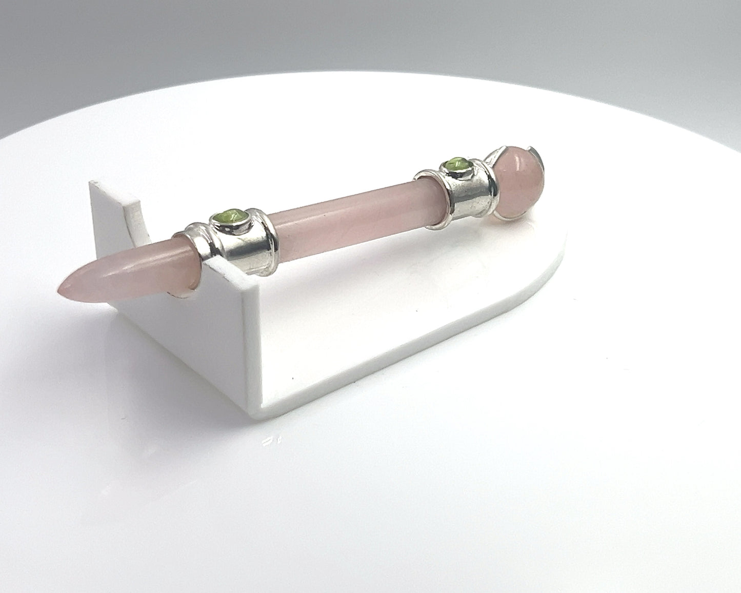 Rose Quartz Pocket Rocket in Silver Plating with Peridot Accent, RQ Ball in Green Velvet Bag