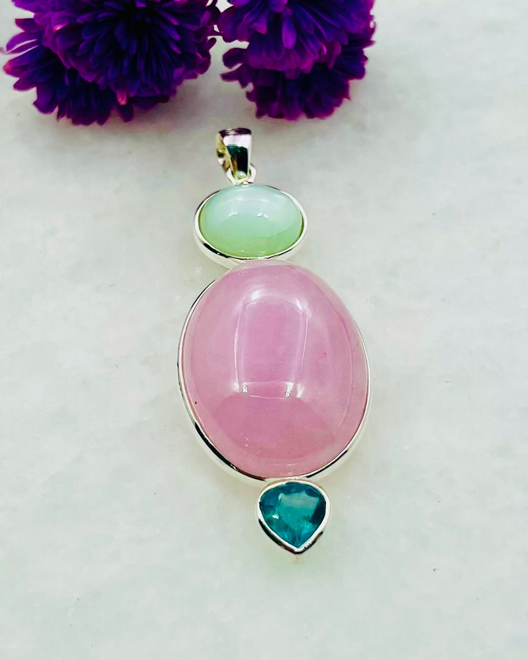 Natural South Indian Green Moonstone with Morganite and Blue Fluorite as Combi Pendant