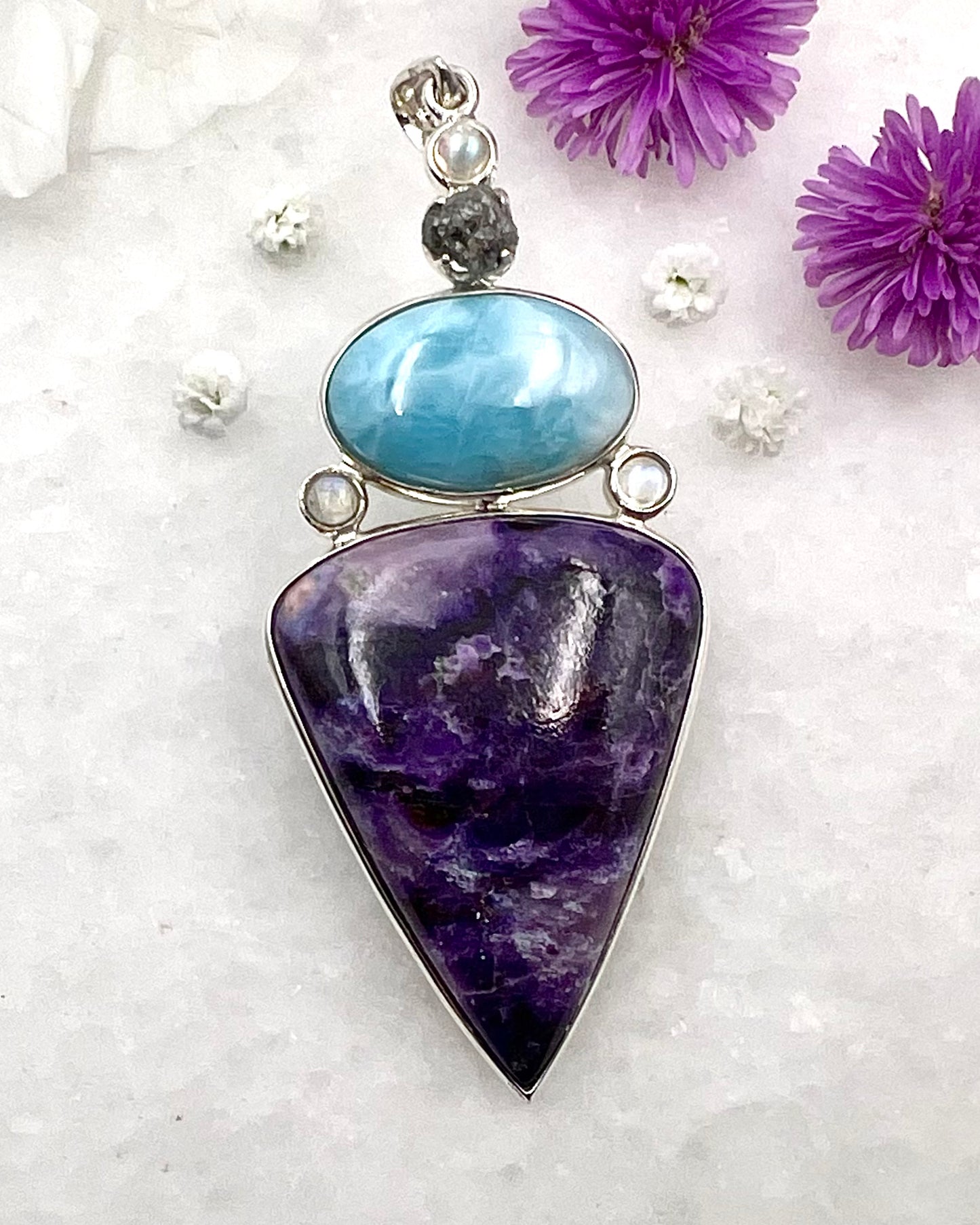 Sugilite, Larimar with Rainbow Moonstone and Diamonds as a Combi