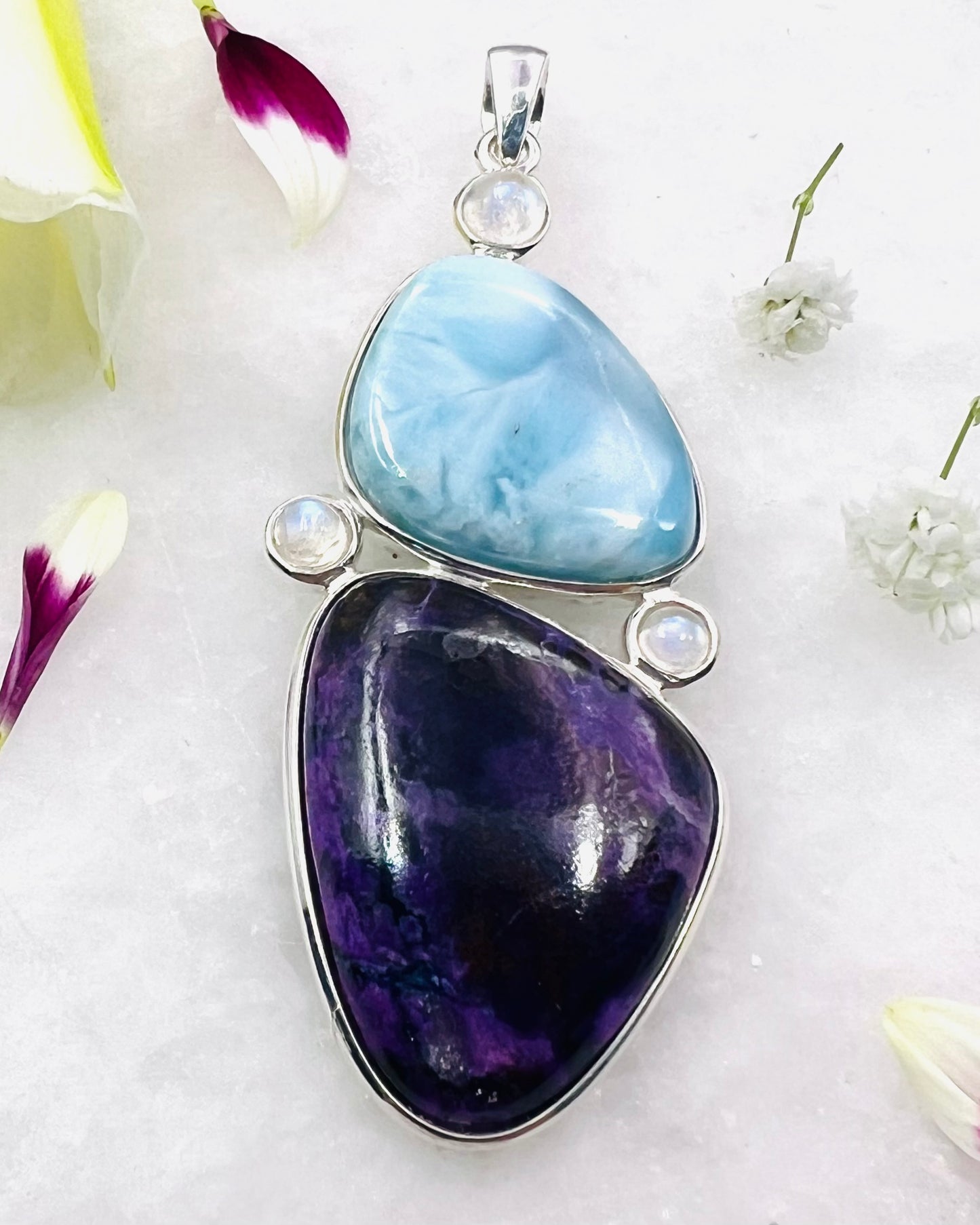 Sugilite and Larimar with Rainbow Moonstone Accents as Combi Pendant