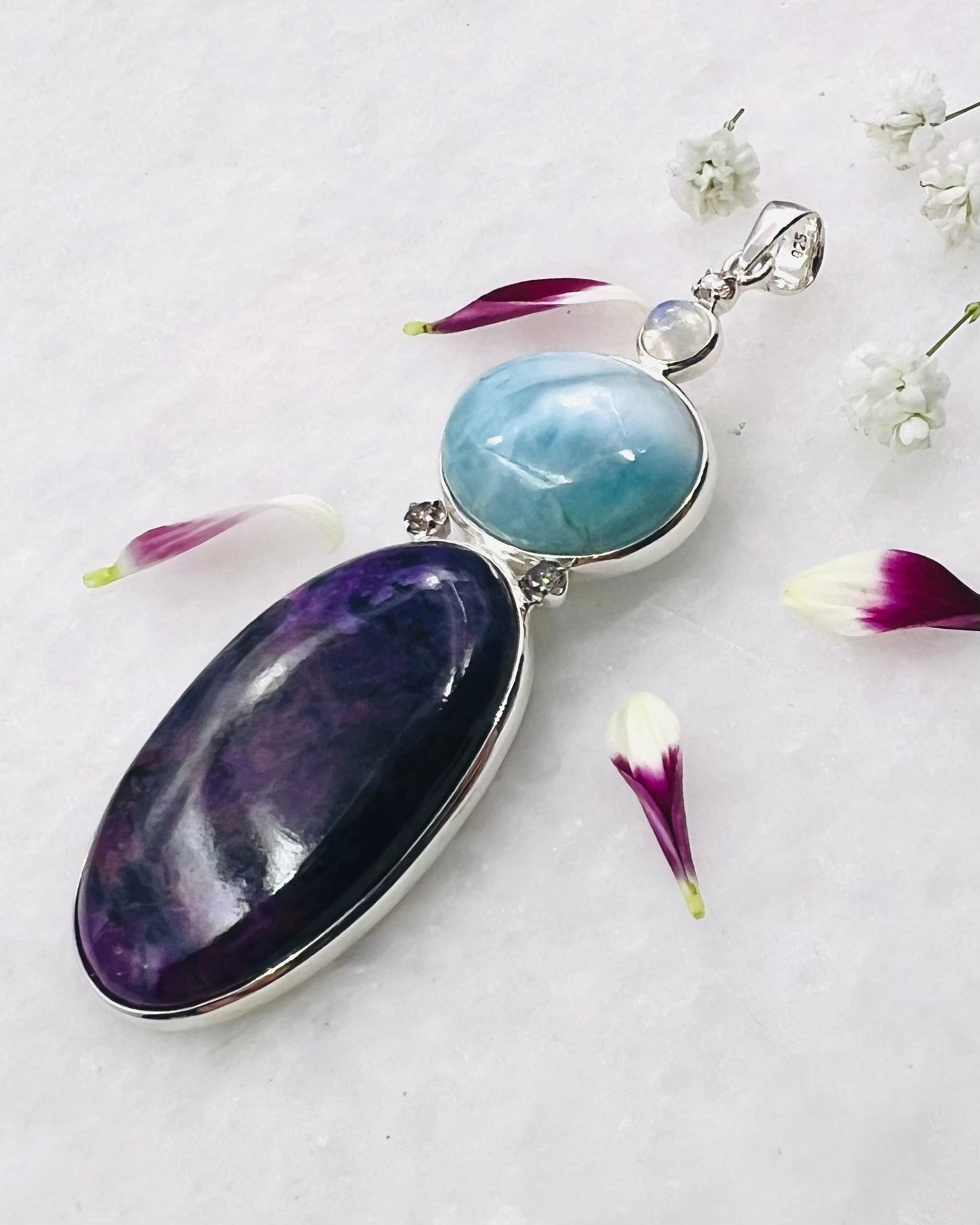 Sugilite and Larimar with Diamond and Rainbow Moonstone Accents as Combi Pendant