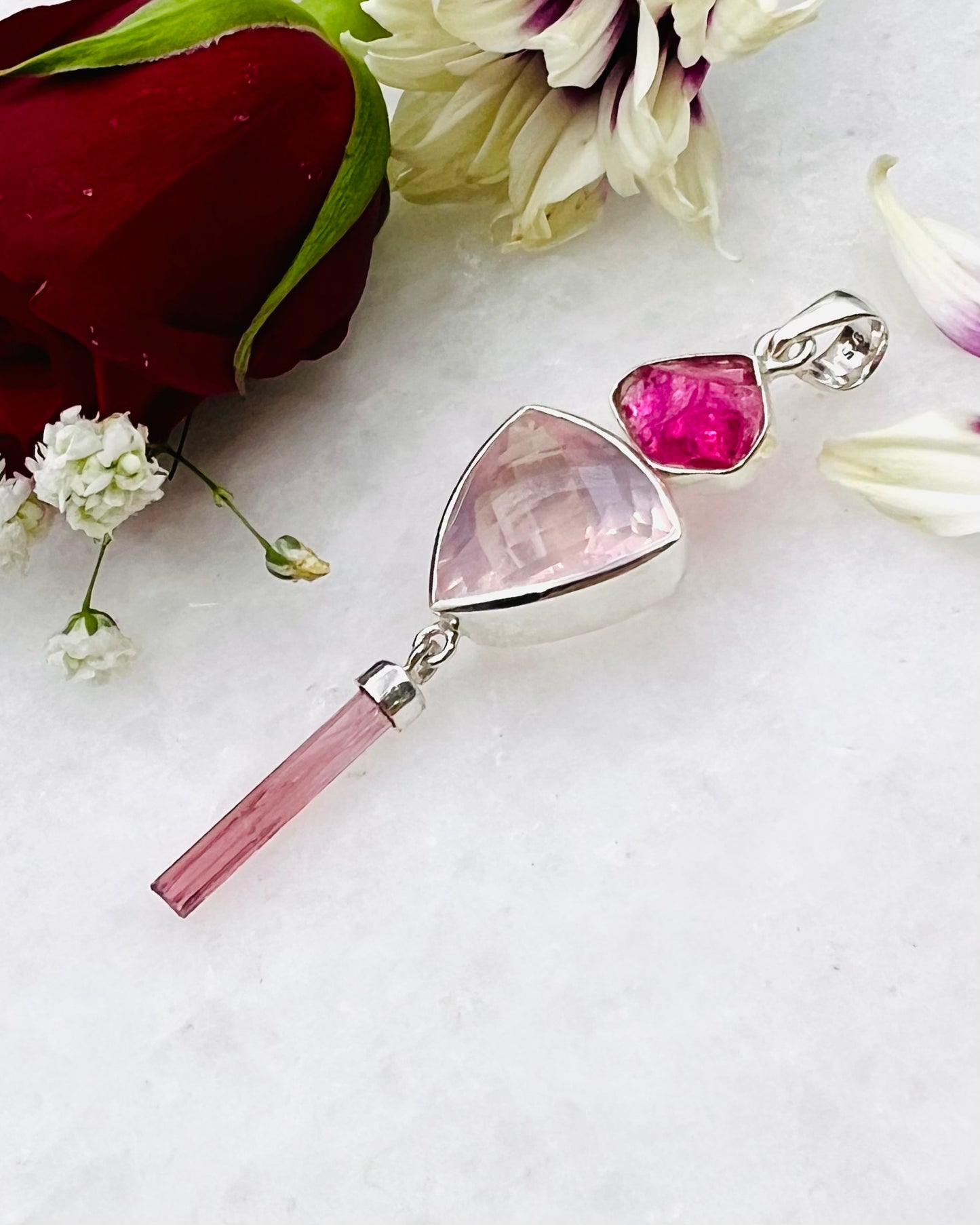 Natural Red Turmaline Rough with Rose Quartz and Natural Red Turmaline Wand as Combi Pendant