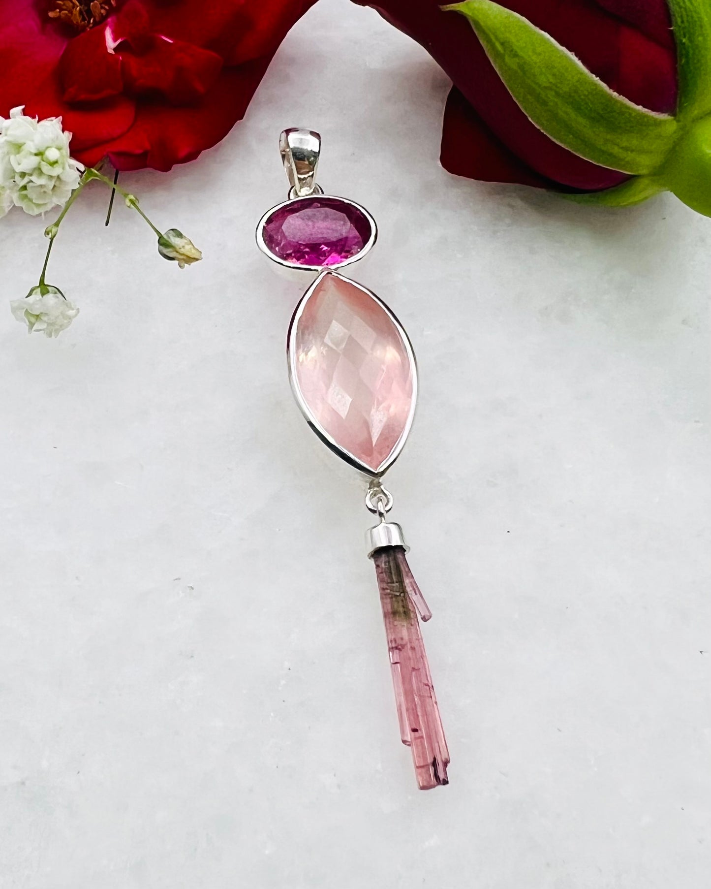 Facetted Red Turmaline with Rose Quartz and Natural Red Turmaline Wand as Combi Pendant