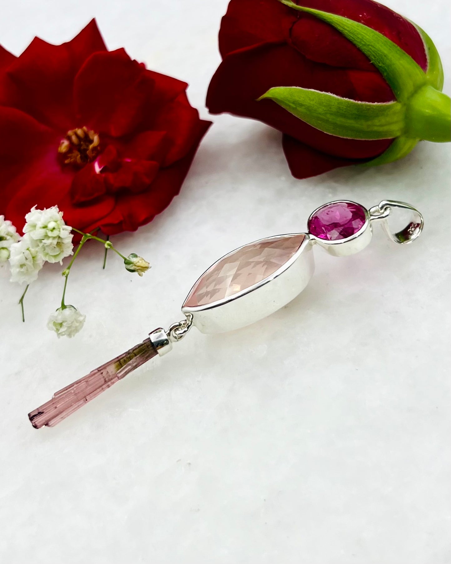 Facetted Red Turmaline with Rose Quartz and Natural Red Turmaline Wand as Combi Pendant