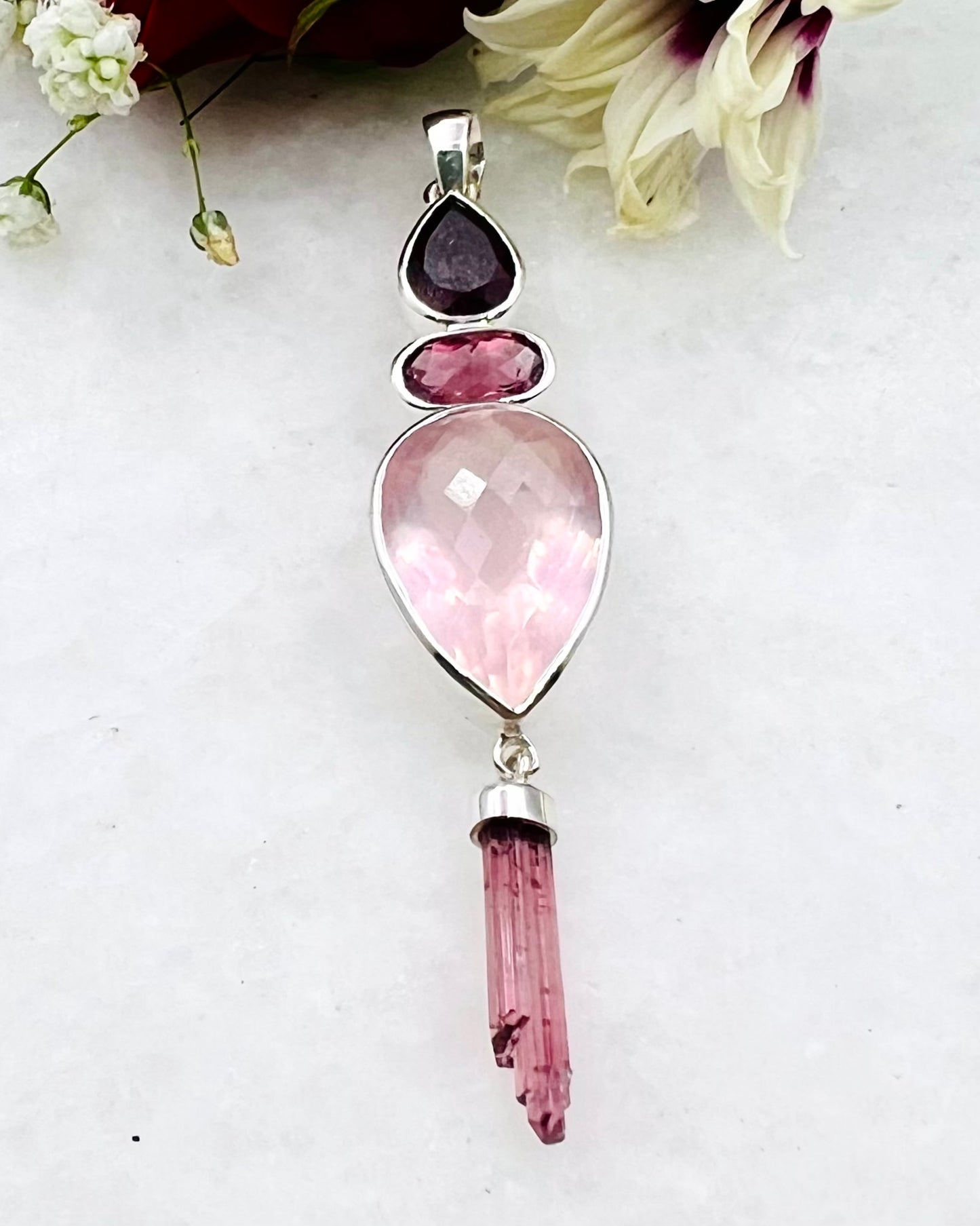 Dark Red and Medium Red Facetted Turmalines, Rose Quartz and Natural Red Turmaline Wand as Combi Pendant