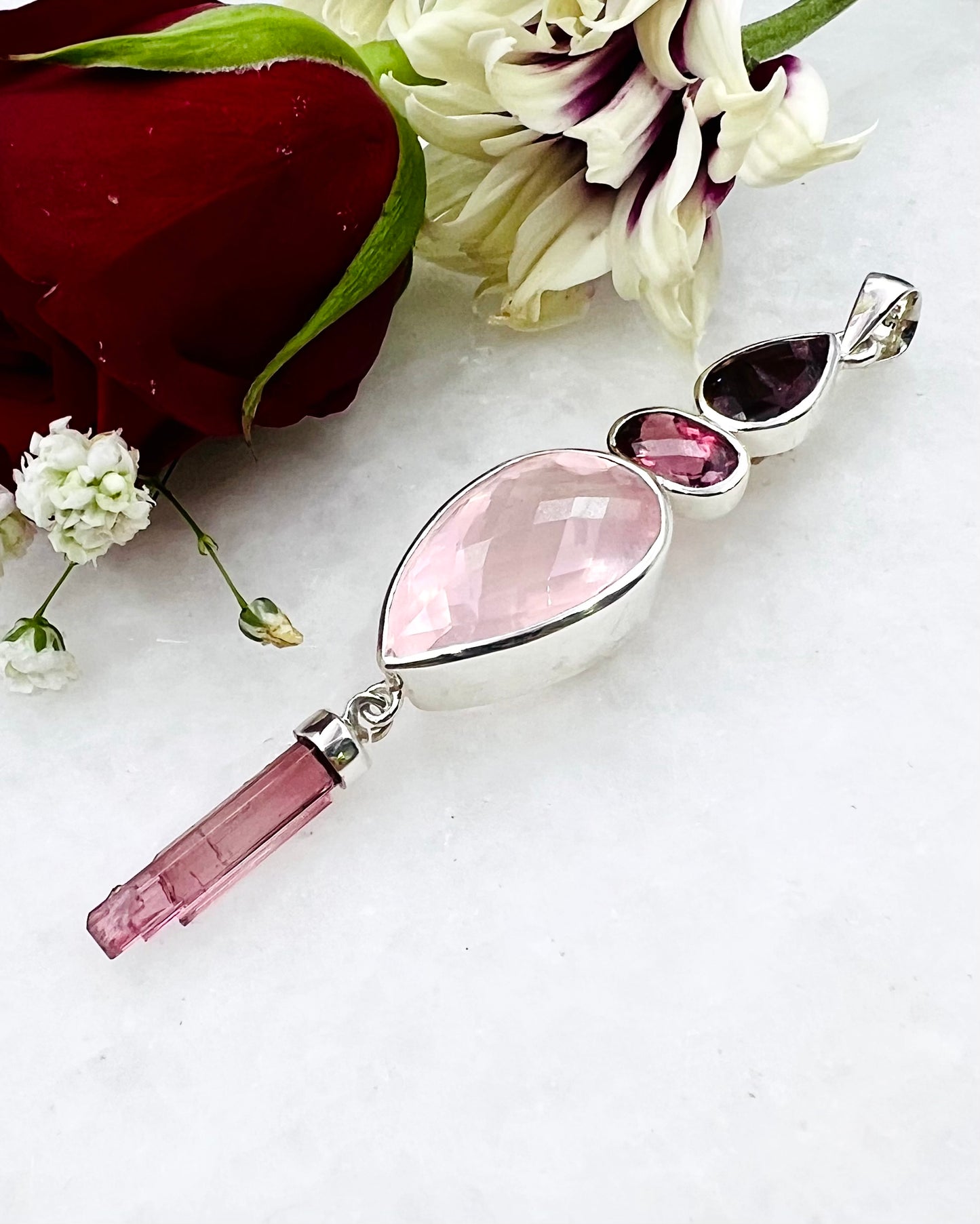 Dark Red and Medium Red Facetted Turmalines, Rose Quartz and Natural Red Turmaline Wand as Combi Pendant