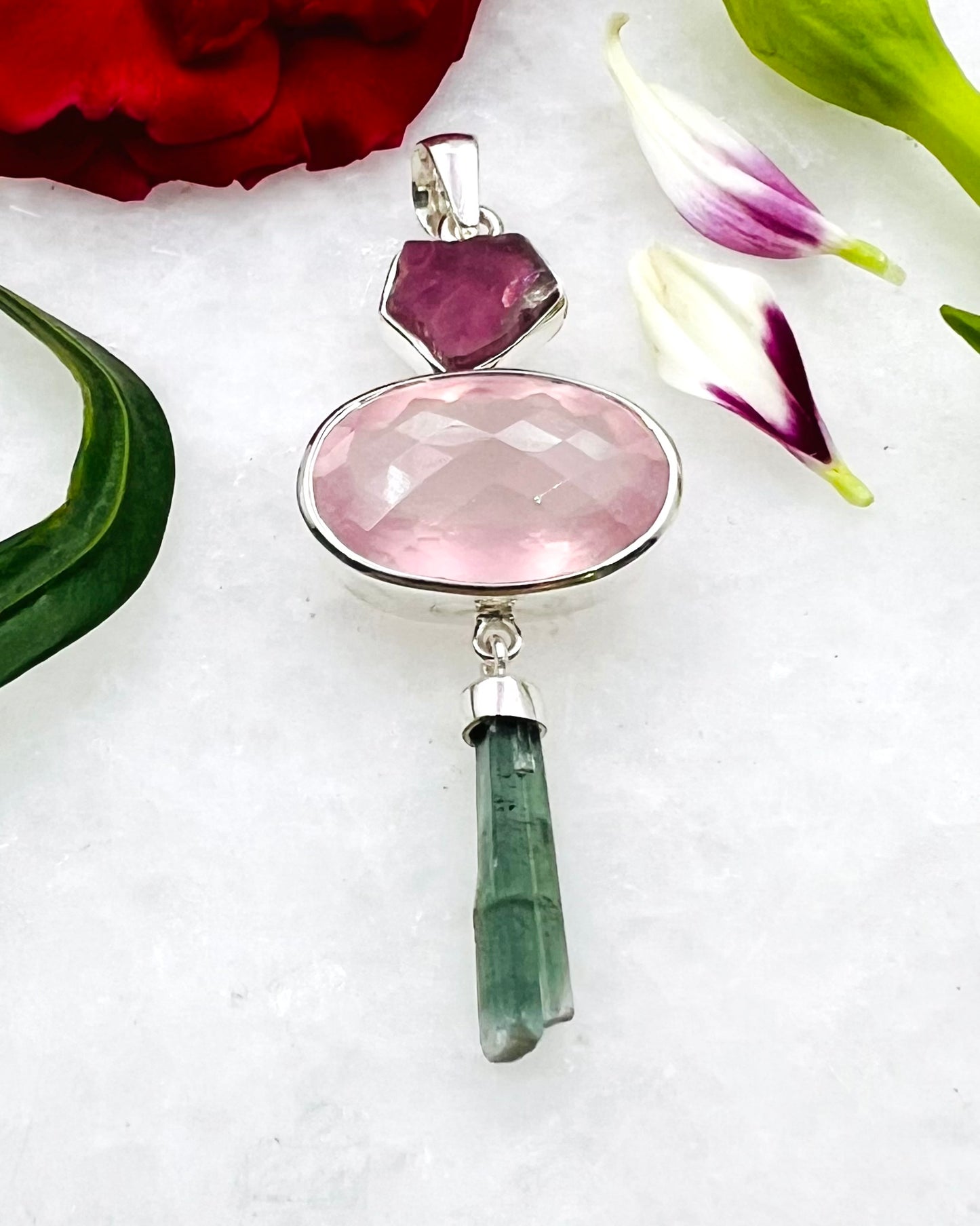 Red Turmaline Slice, Rose Quartz and Natural Green Turmaline Wand as Combi Pendant