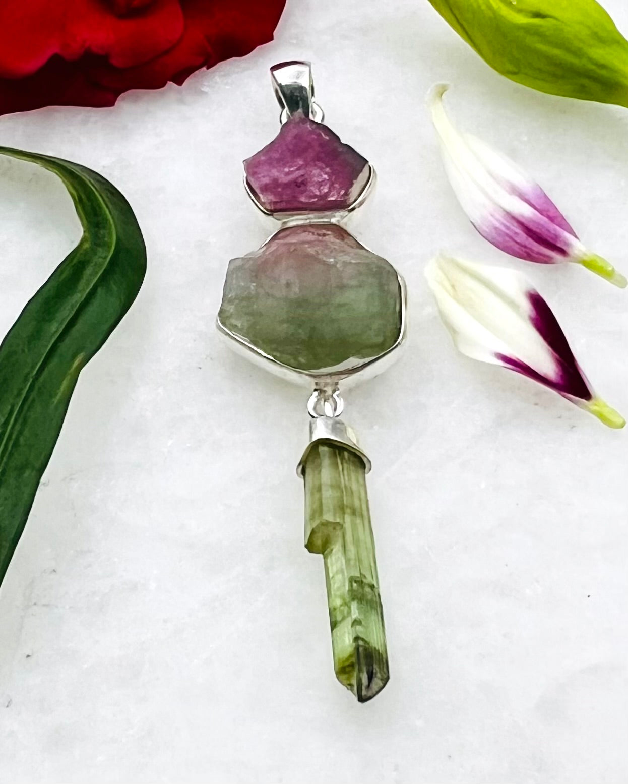 Red Turmaline and Bi-Color Turmaline Rough with a Green Turmaline Crystal Wand as Combi Pendant