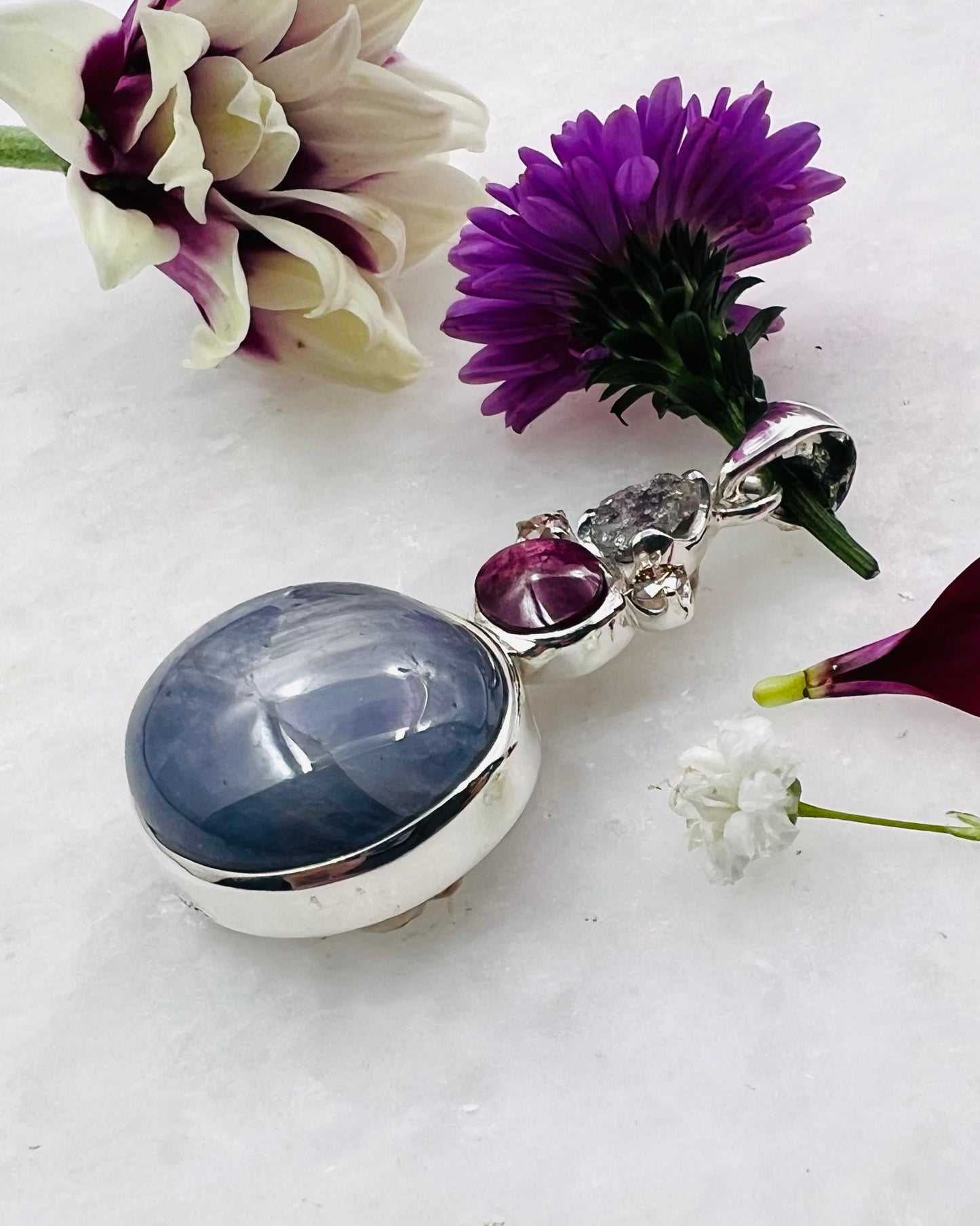 Burmese Star Sapphire, Indian Star Ruby with Raw Diamond and Diamond Accents as Combi Pendant
