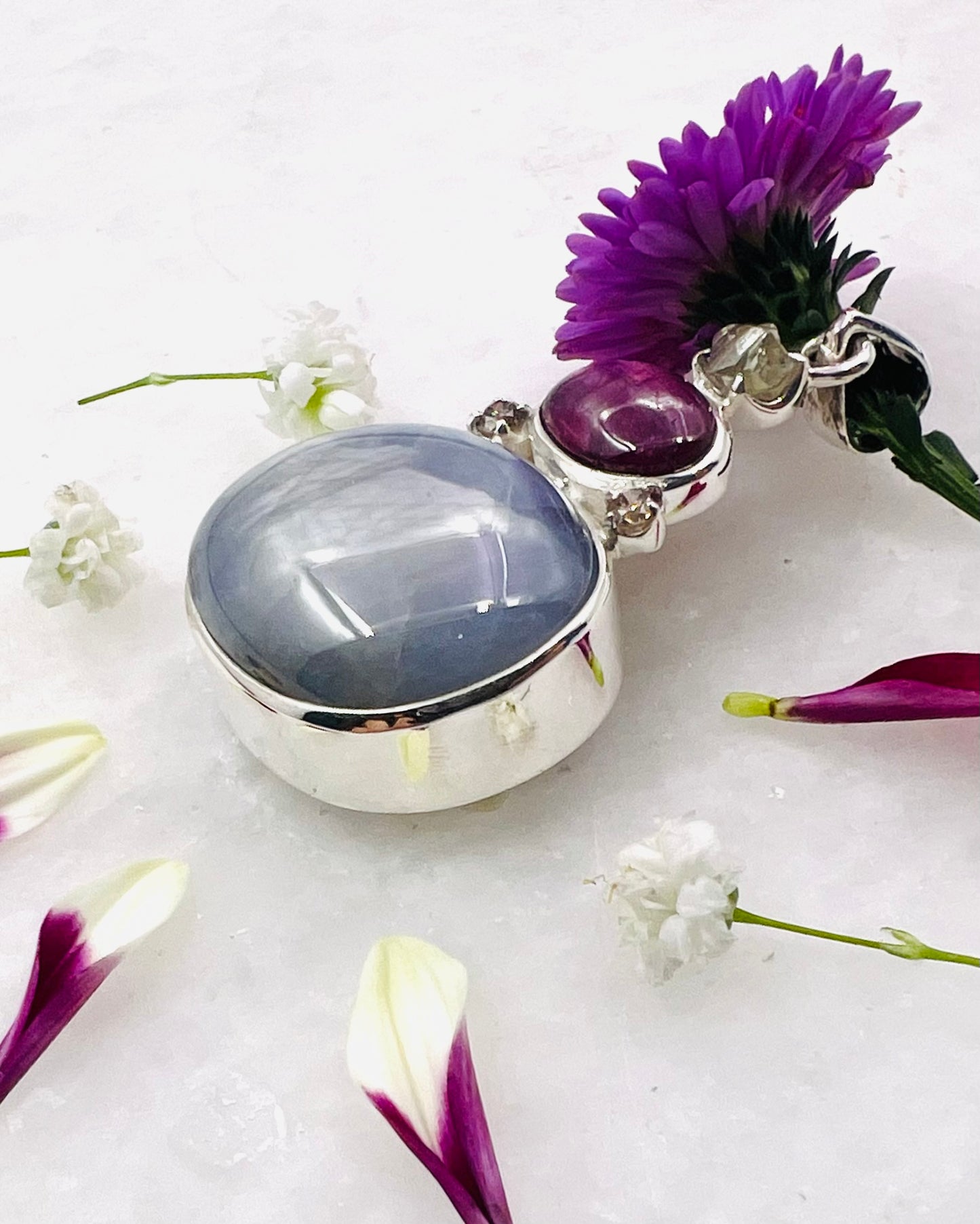 Burmese Star Sapphire, Indian Star Ruby with Raw Diamond and Diamond Accents as Combi Pendant