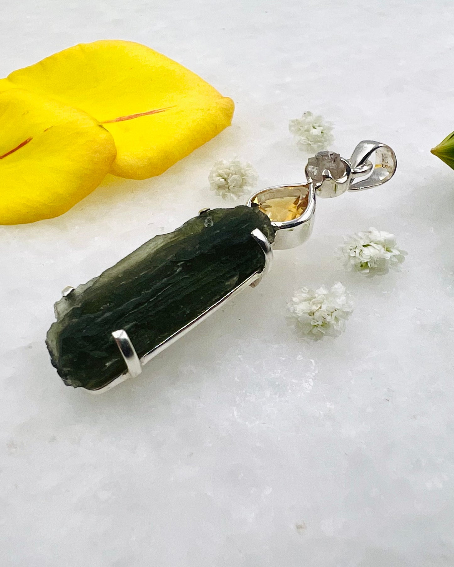 Moldavite, Facetted Citrine & Raw Diamond as a Combi Pendant