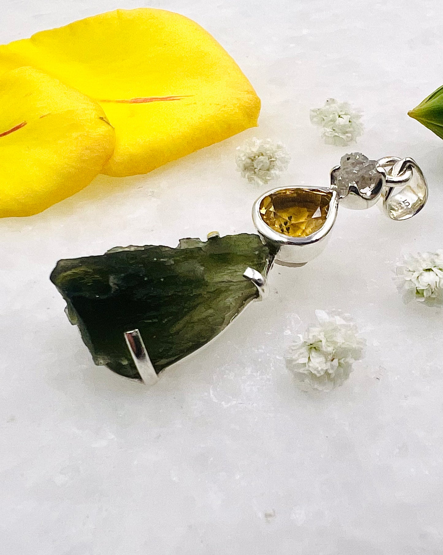 Moldavite, Facetted Citrine & Raw Diamond as a Combi Pendant