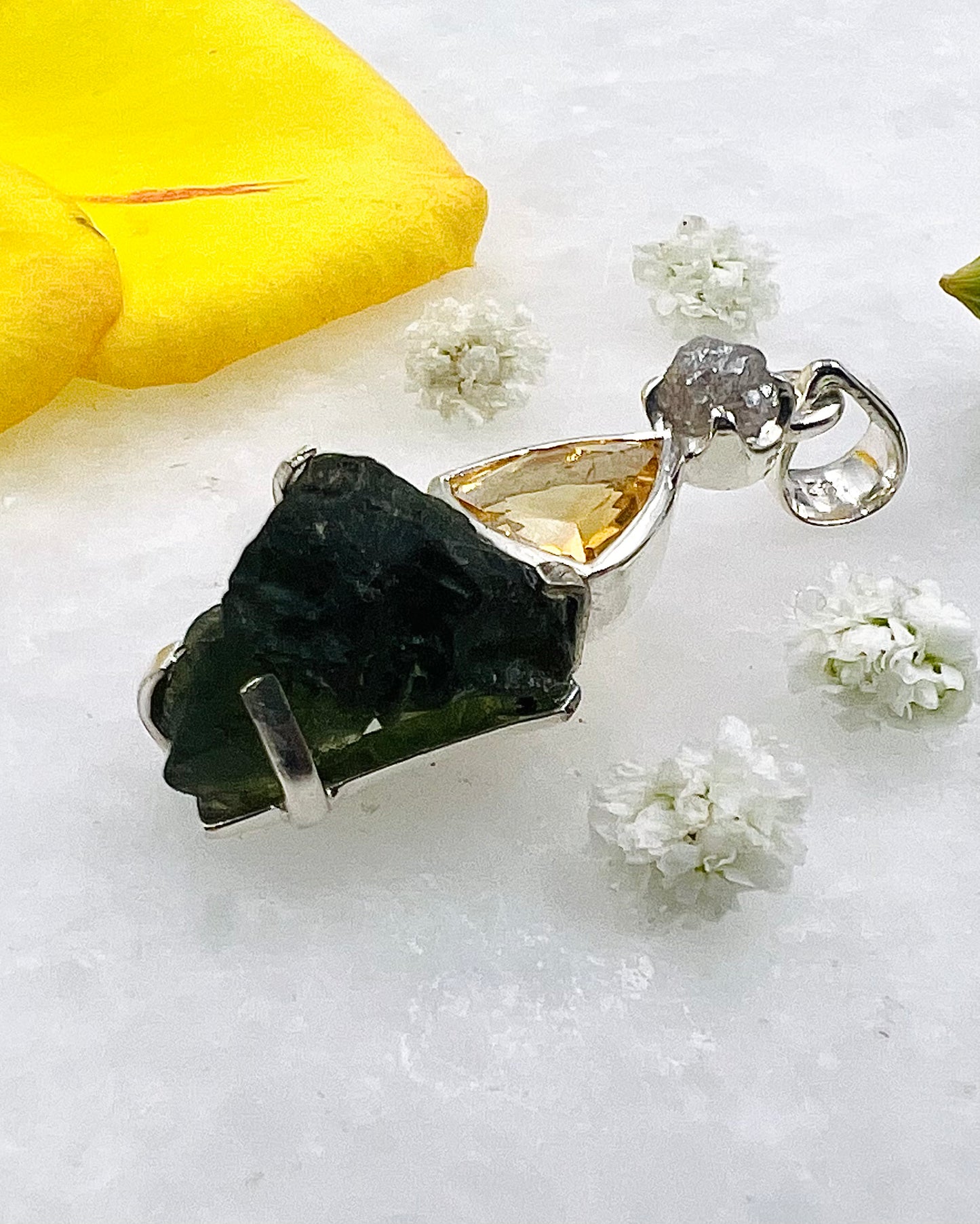 Moldavite, Facetted Citrine & Raw Diamond as a Combi Pendant