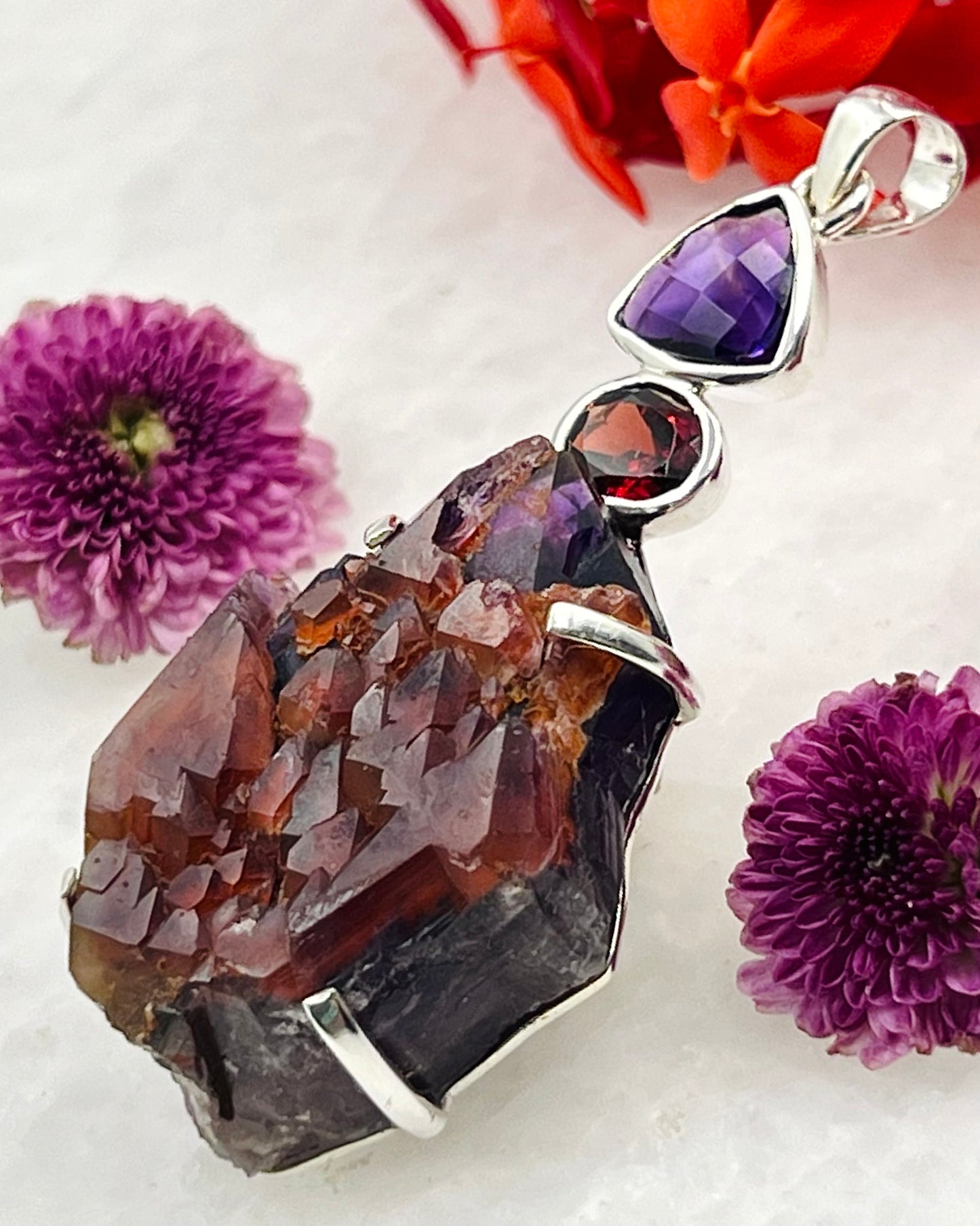 Facetted Amethyst and Garnet with Alien Amethyst as a Combi Pendant