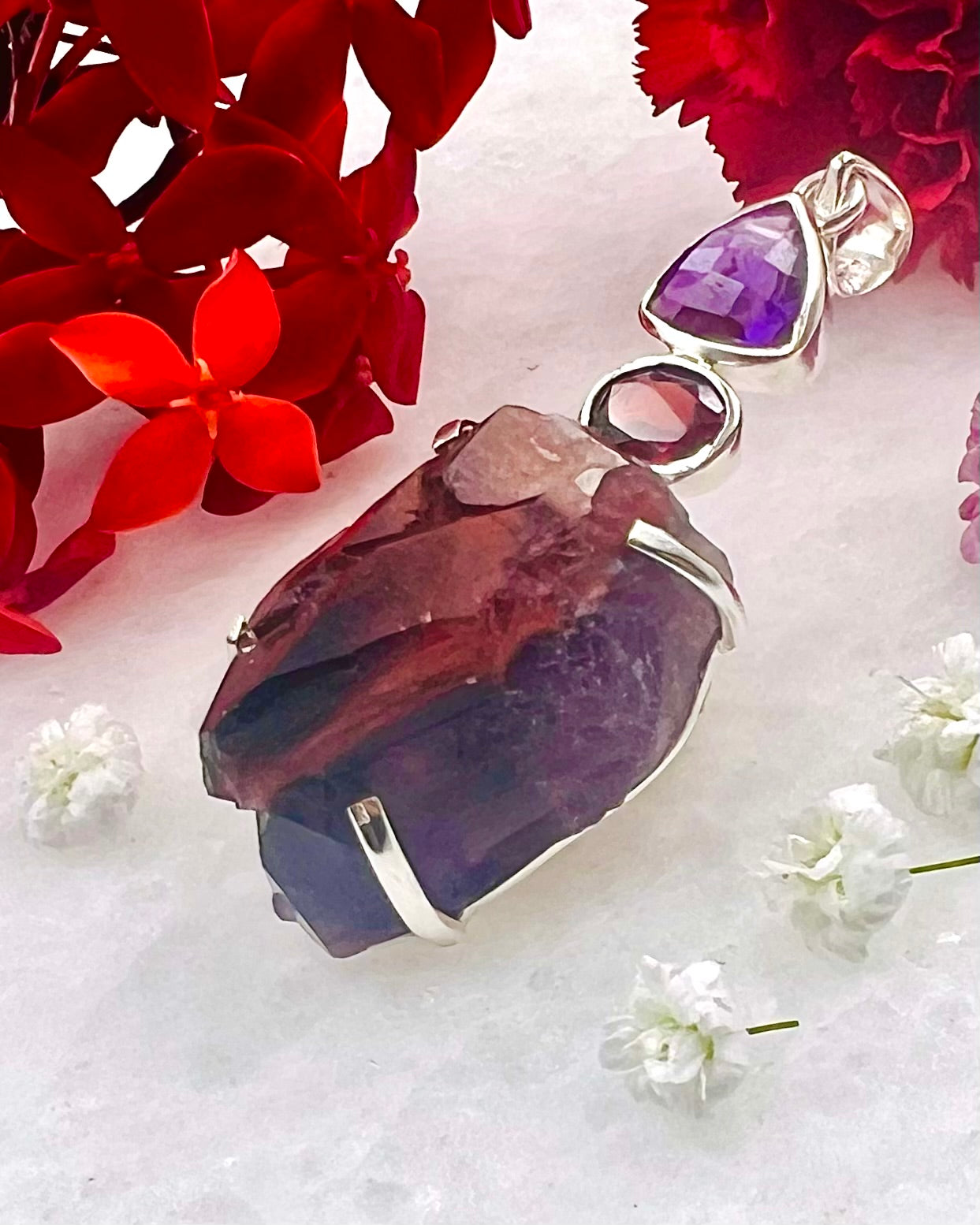 Facetted Amethyst and Garnet with Alien Amethyst as a Combi Pendant