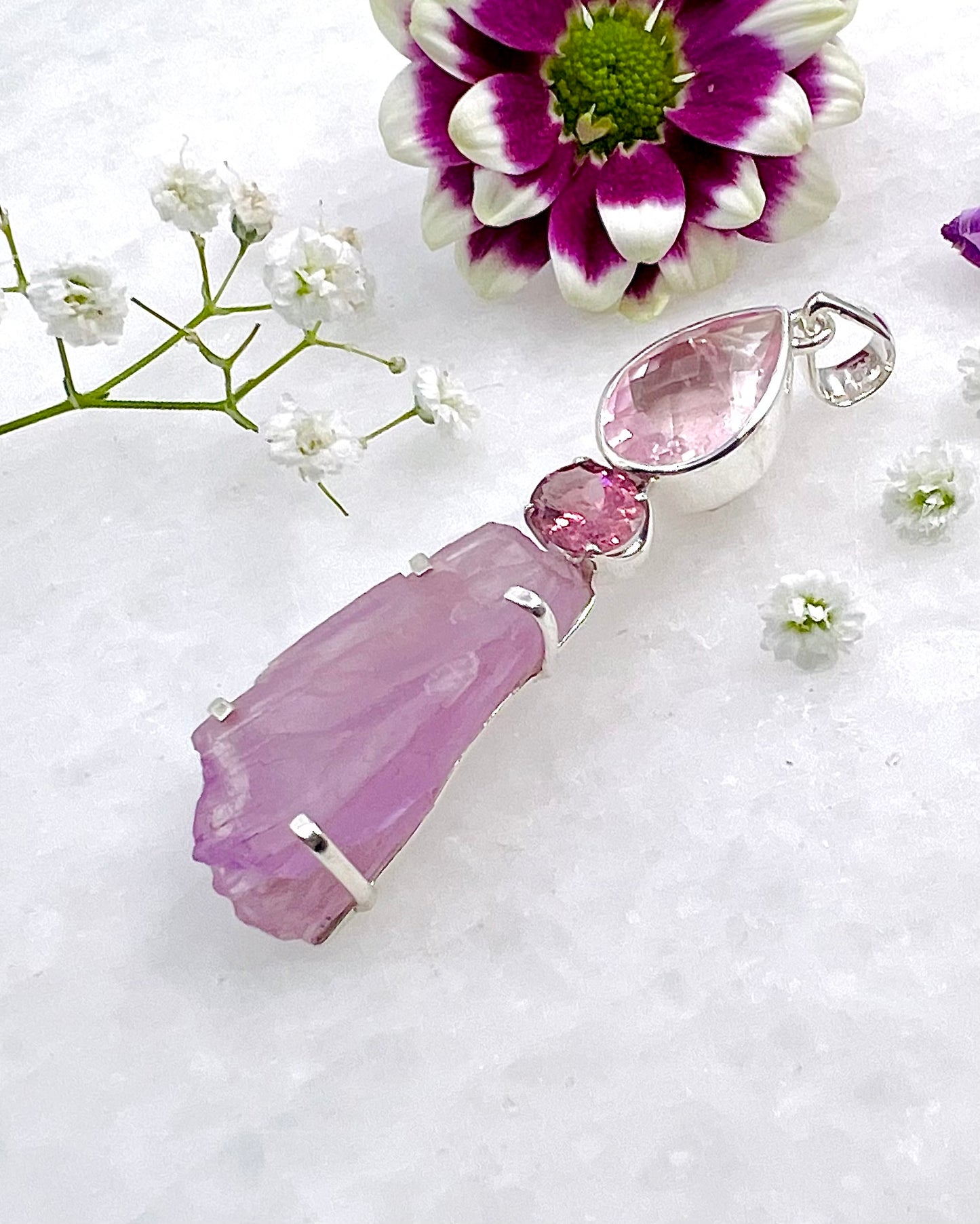 Facetted Rose Quartz & Red Turmaline with a Natural Kunzite Crystal as a Combi Pendant