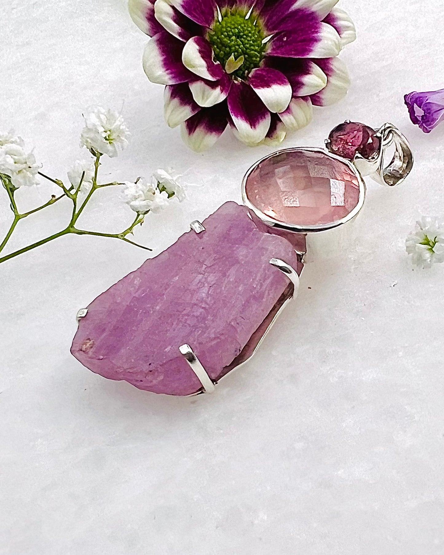 Facetted Rose Quartz & Red Turmaline with a Natural Kunzite Crystal as a Combi Pendant