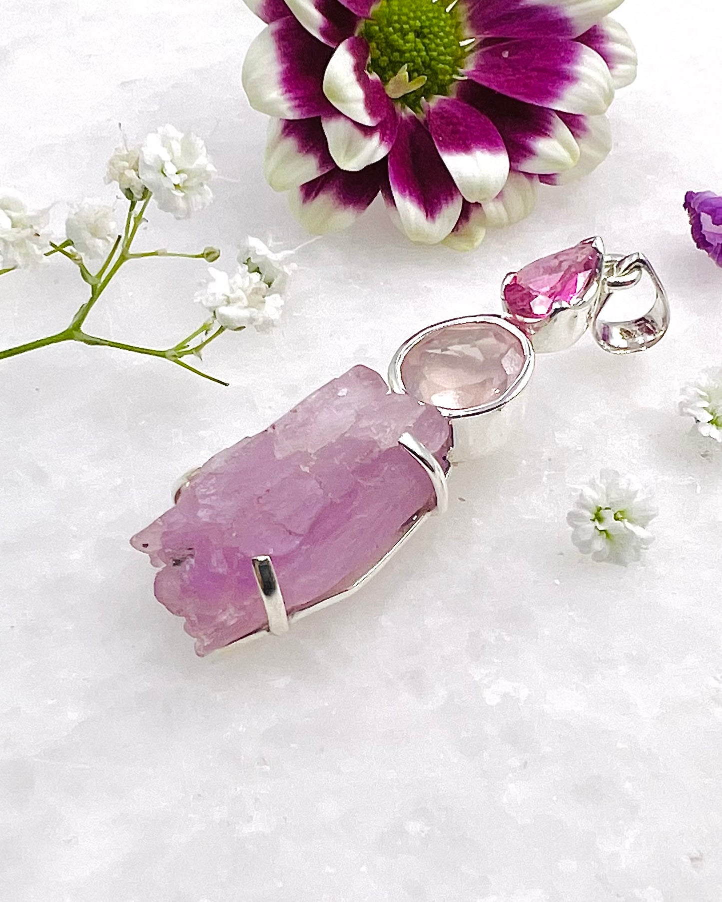 Facetted Rose Quartz & Red Turmaline with a Natural Kunzite Crystal as a Combi Pendant
