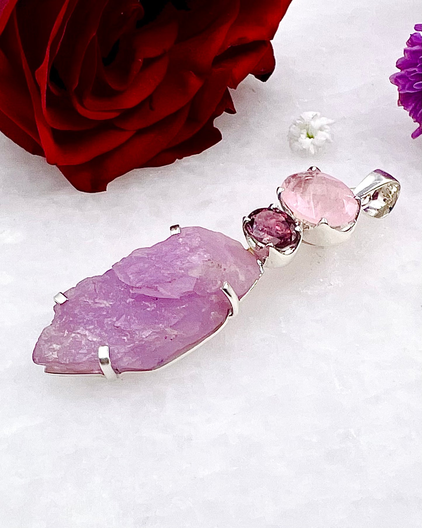 Facetted Morganite & Red Turmaline with a Natural Kunzite Crystal as a Combi Pendant