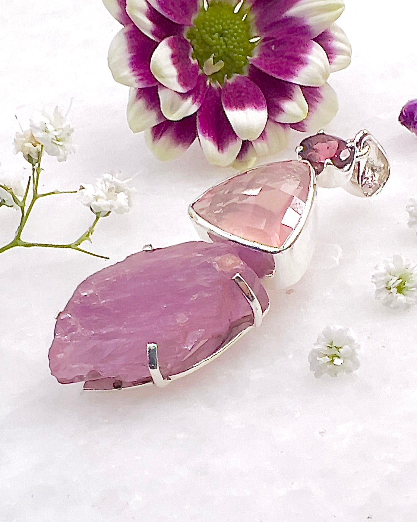 Facetted Rose Quartz & Red Turmaline with Kunzite Crystal as a Combi Pendant