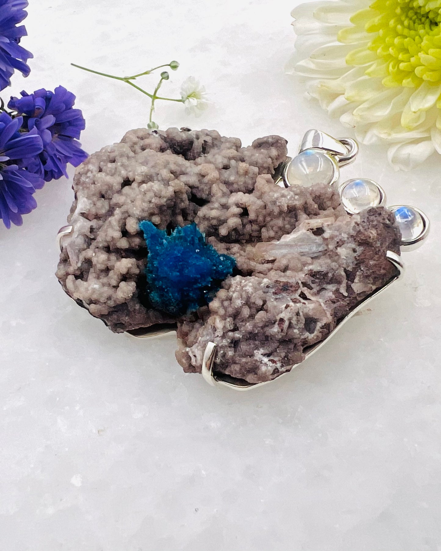 Natural Cavansite on Matrix with Rainbow Moonstone Accents as a Combi Pendant