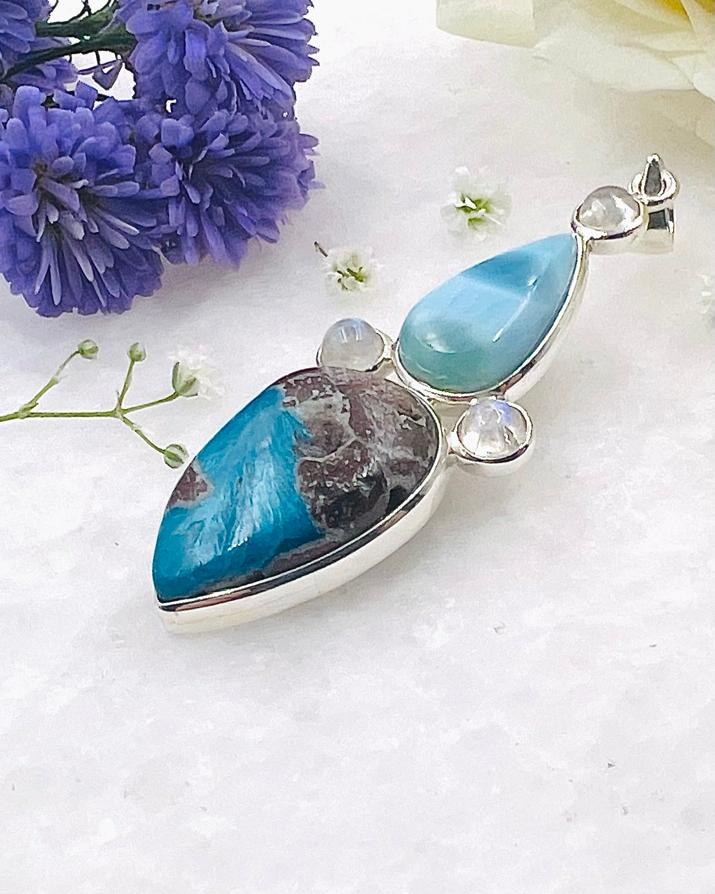 Larimar & Cavansite on Matrix Cab with Rainbow Accents as a Combi Pendant