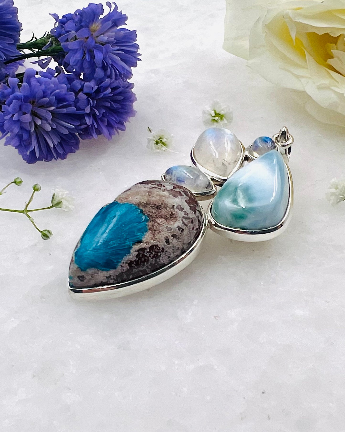 Larimar & Cavansite on Matrix Cab with Rainbow Accents as a Combi Pendant