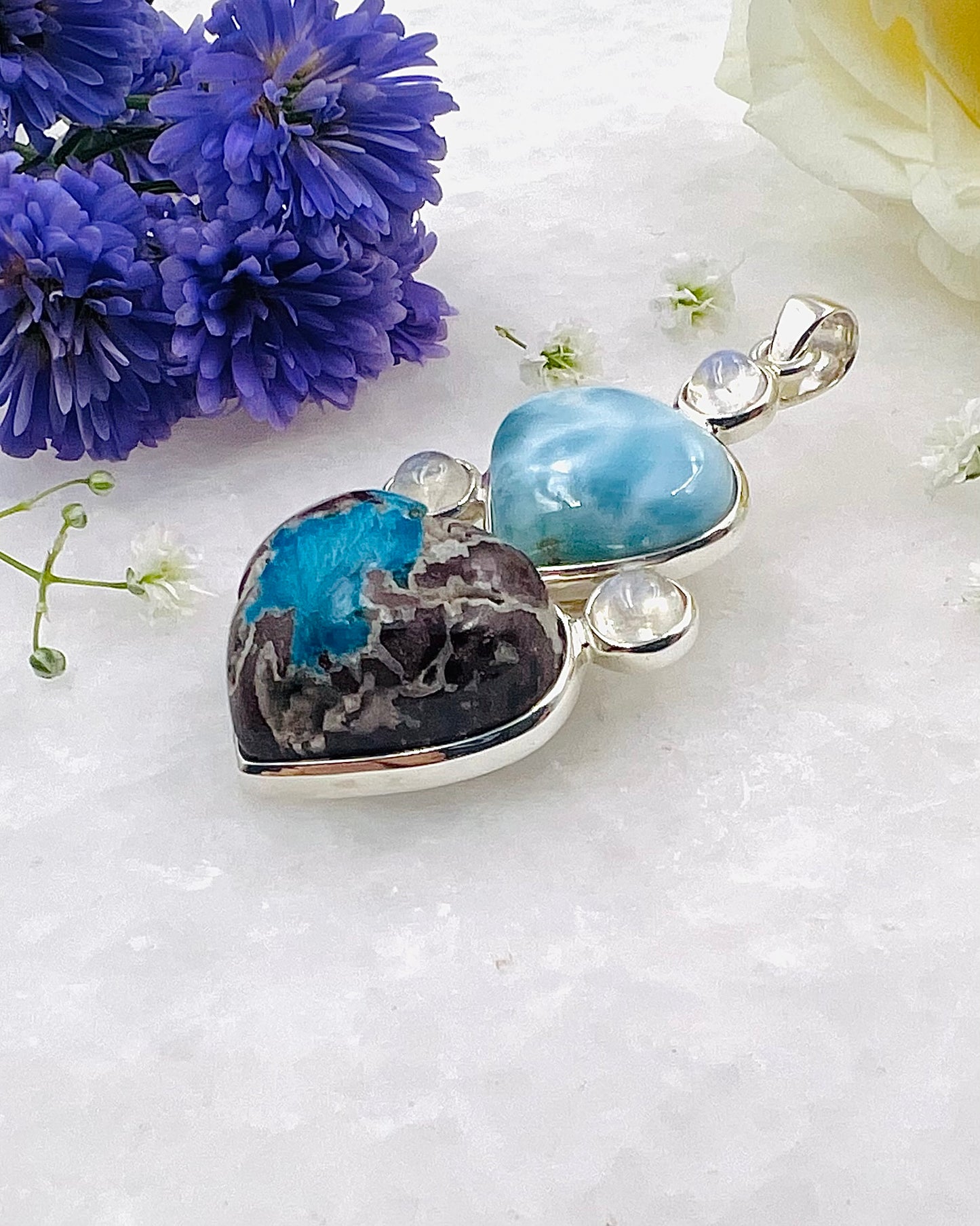 Larimar & Cavansite on Matrix Cab with Rainbow Accents as a Combi Pendant