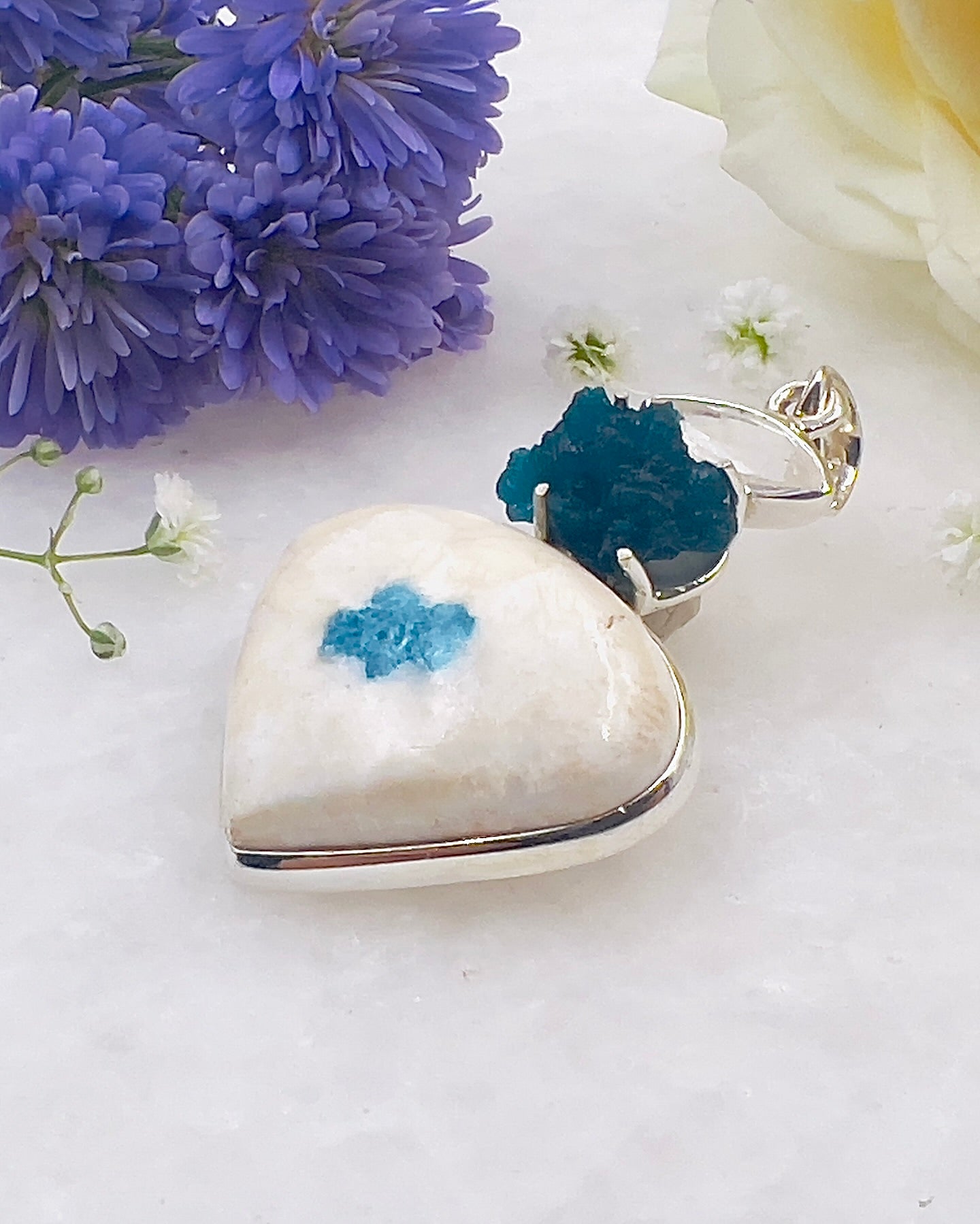 Cavansite in Okenite Matrix with a Cavansite Crystal and Rainbow Moonstone accent as a Combi Pendant