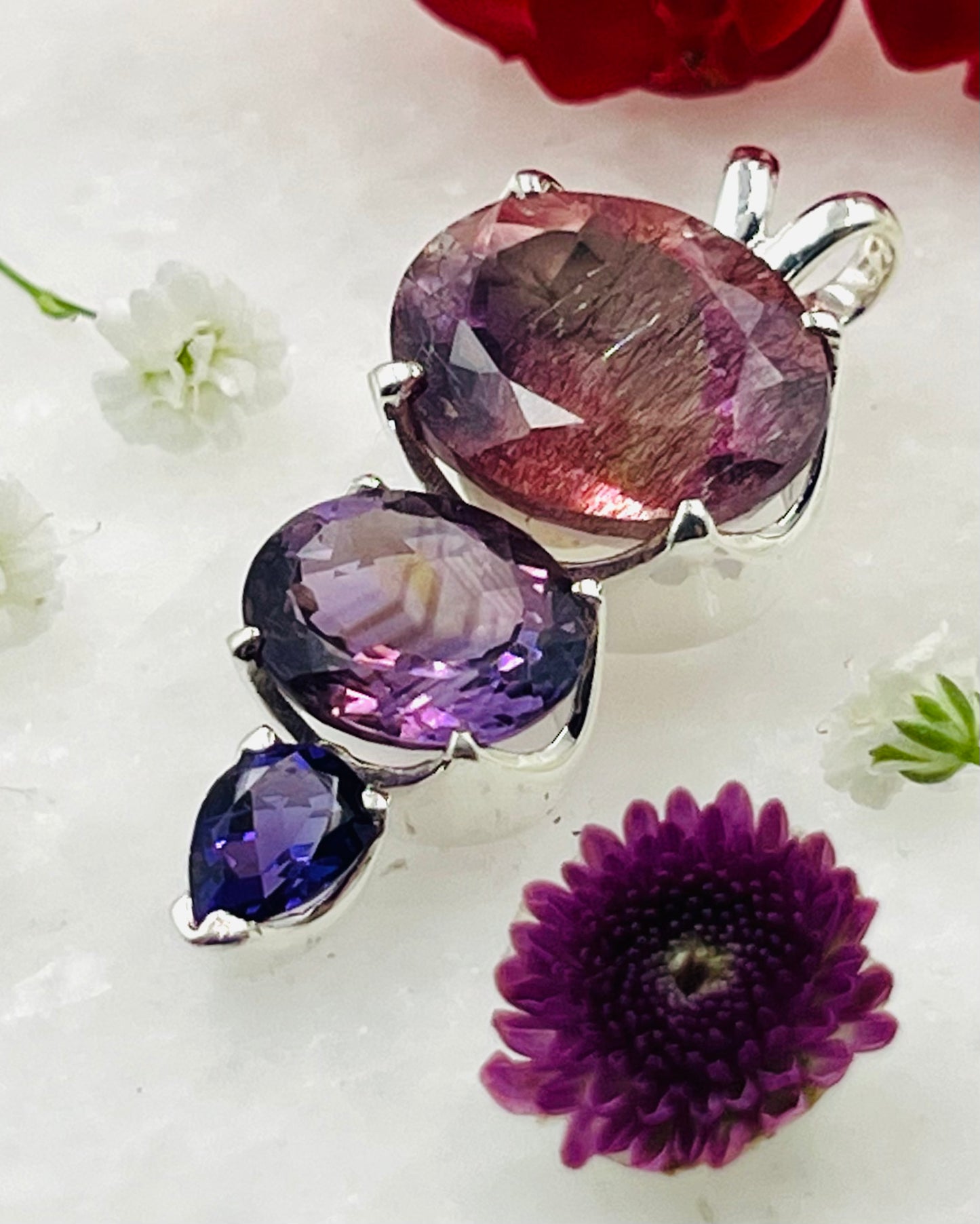 Facetted Elestial Fire & Amethyst Quartz and Amethyst as a Combi Pendant