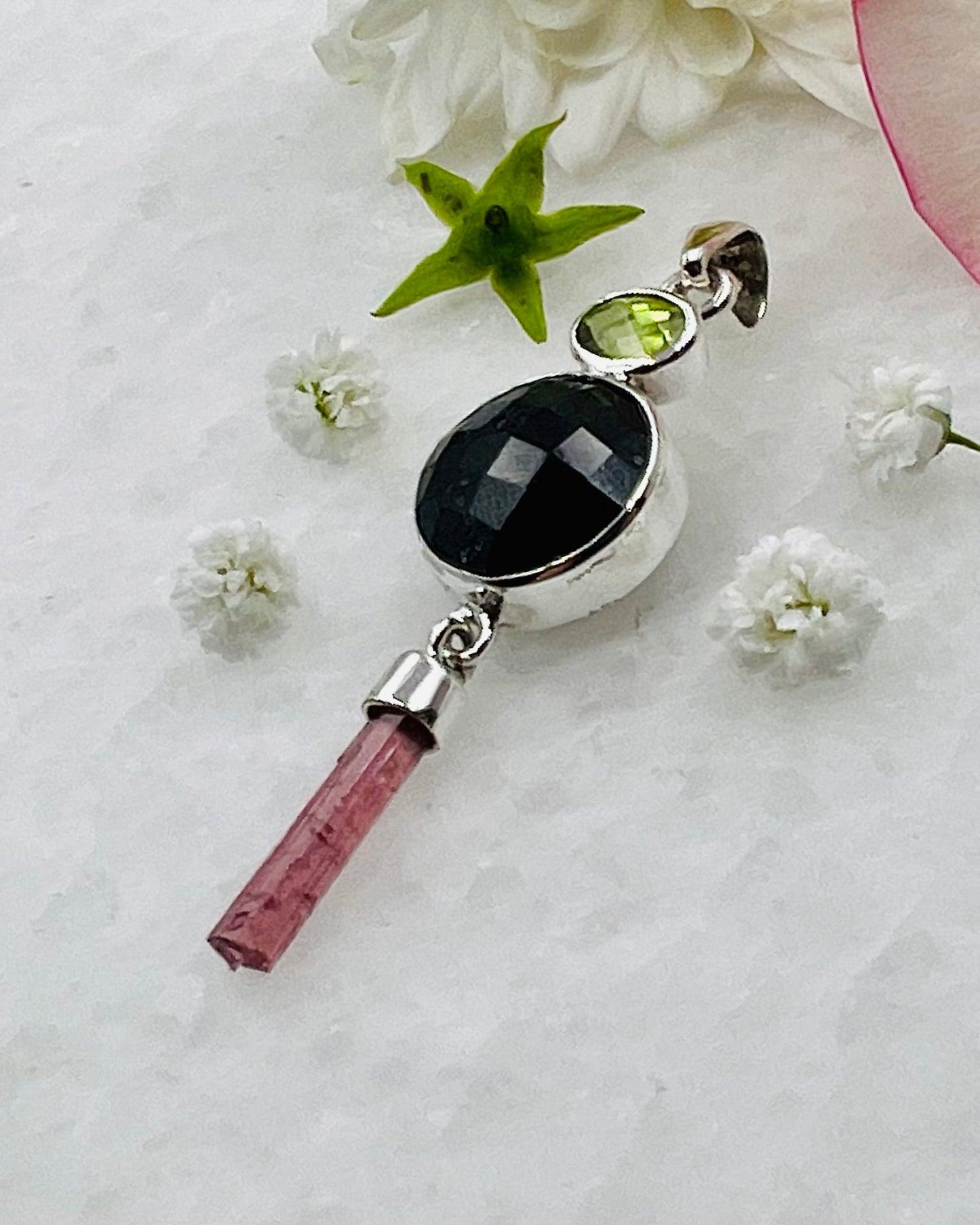 Black Turmaline Top Facetted with Peridot and Red Turmaline Wand as a Combi Pendant