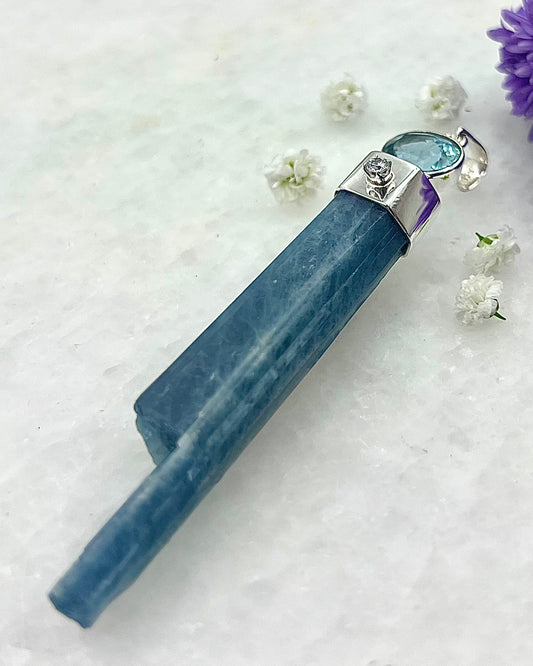 Natural Dark Blue South Indian Aquamarine Crystal with Facetted Aquamarine & CZ accents as a Combi Pendant