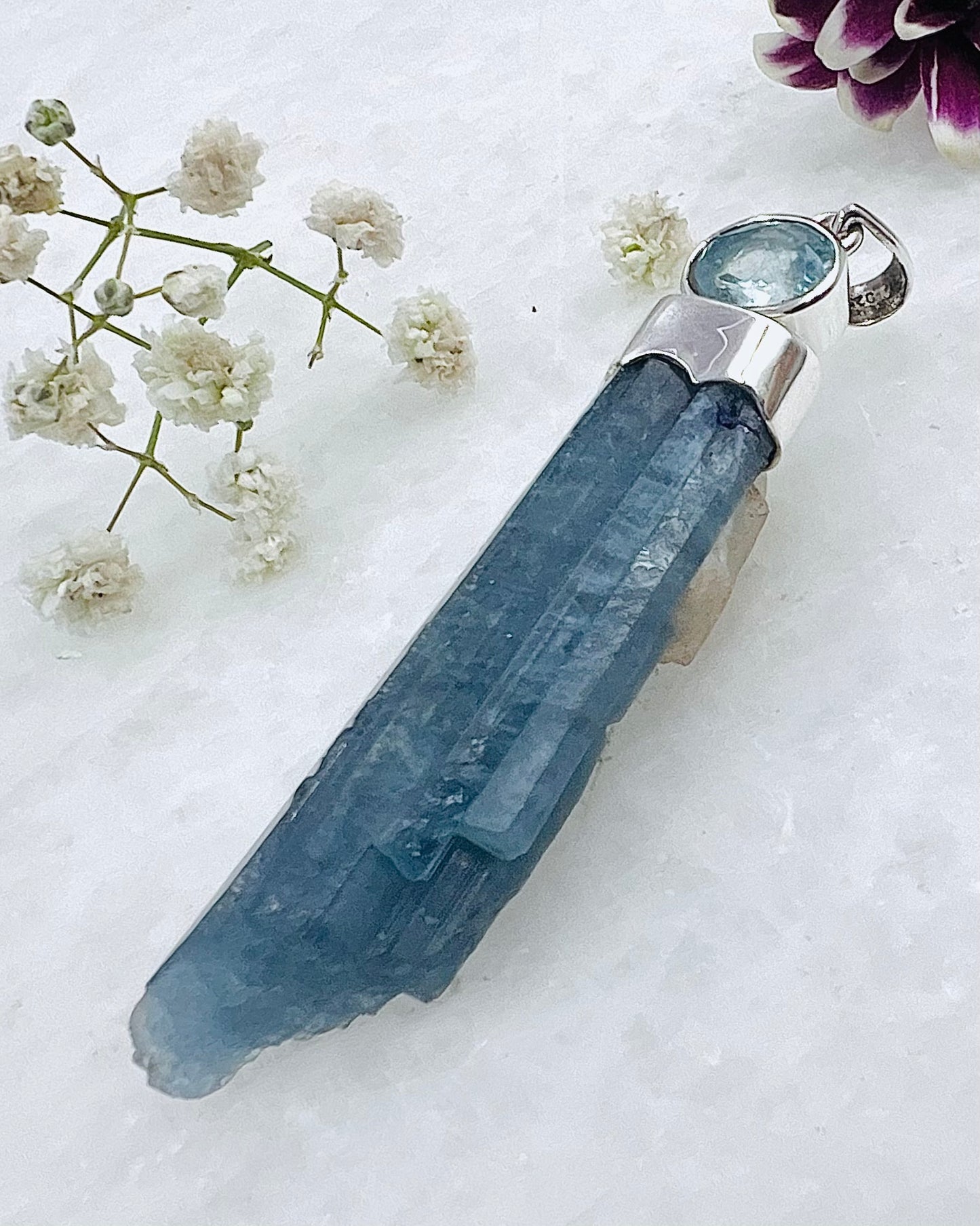 Natural Dark Blue South Indian Aquamarine Crystal with Facetted Aquamarine accent as a Combi Pendant