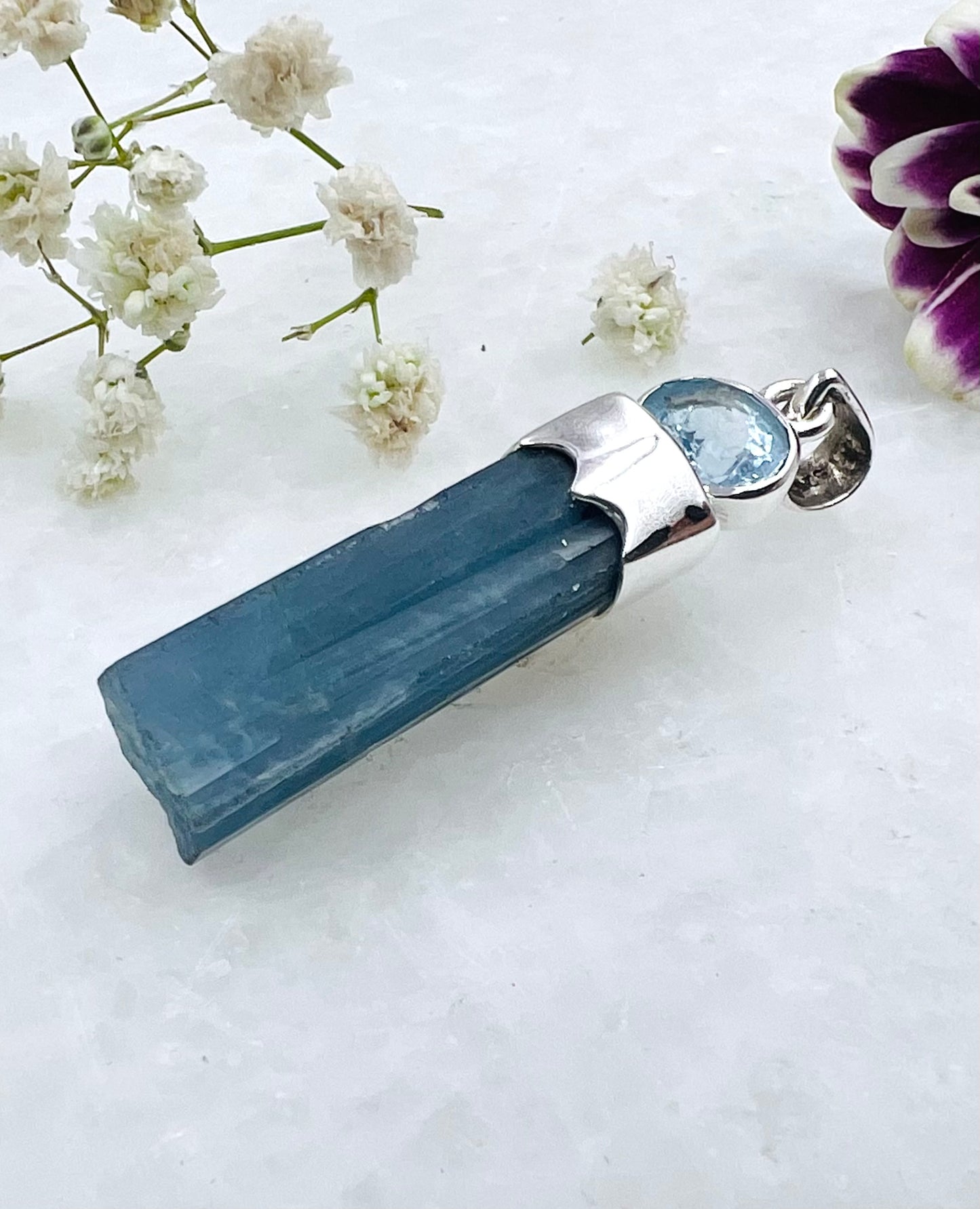 Natural Dark Blue South Indian Aquamarine Crystal with Facetted Aquamarine accent as a Combi Pendant