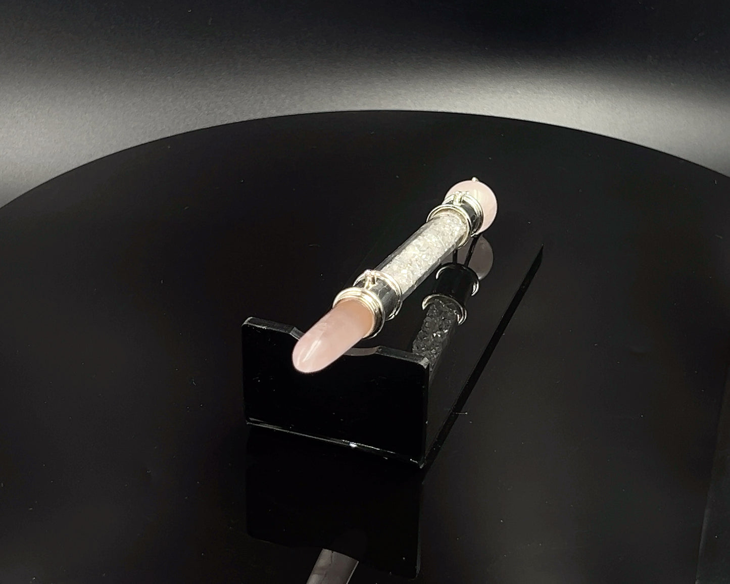 Rose Quartz Pocket Power Wand in .925 silver, with Herkimer Diamond filler, CZ Accents and Rose Quartz Sphere in Green Velvet Bag