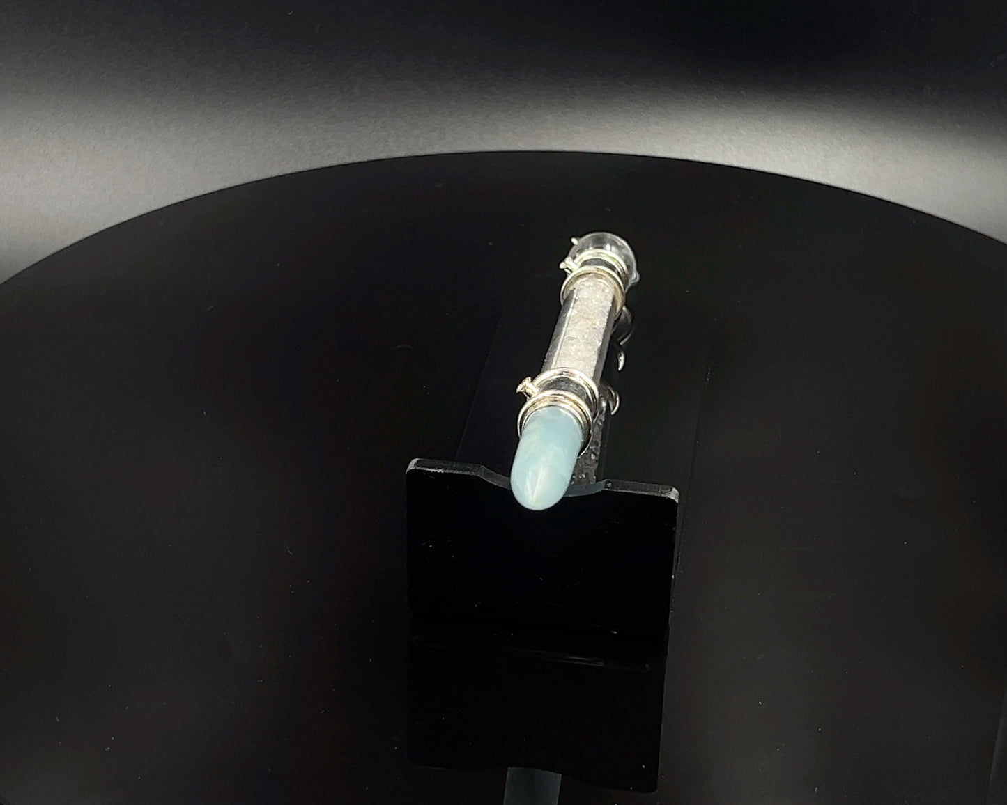 Aquamarine Pocket Power Wand in .925 silver, with Herkimer Diamond filler, CZ Accents and Quartz Sphere in Blue Velvet Bag