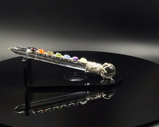 Medium Special Ohm Chakra Wand in Crystal with 5x7 stones and Crystal Ball in Lotus