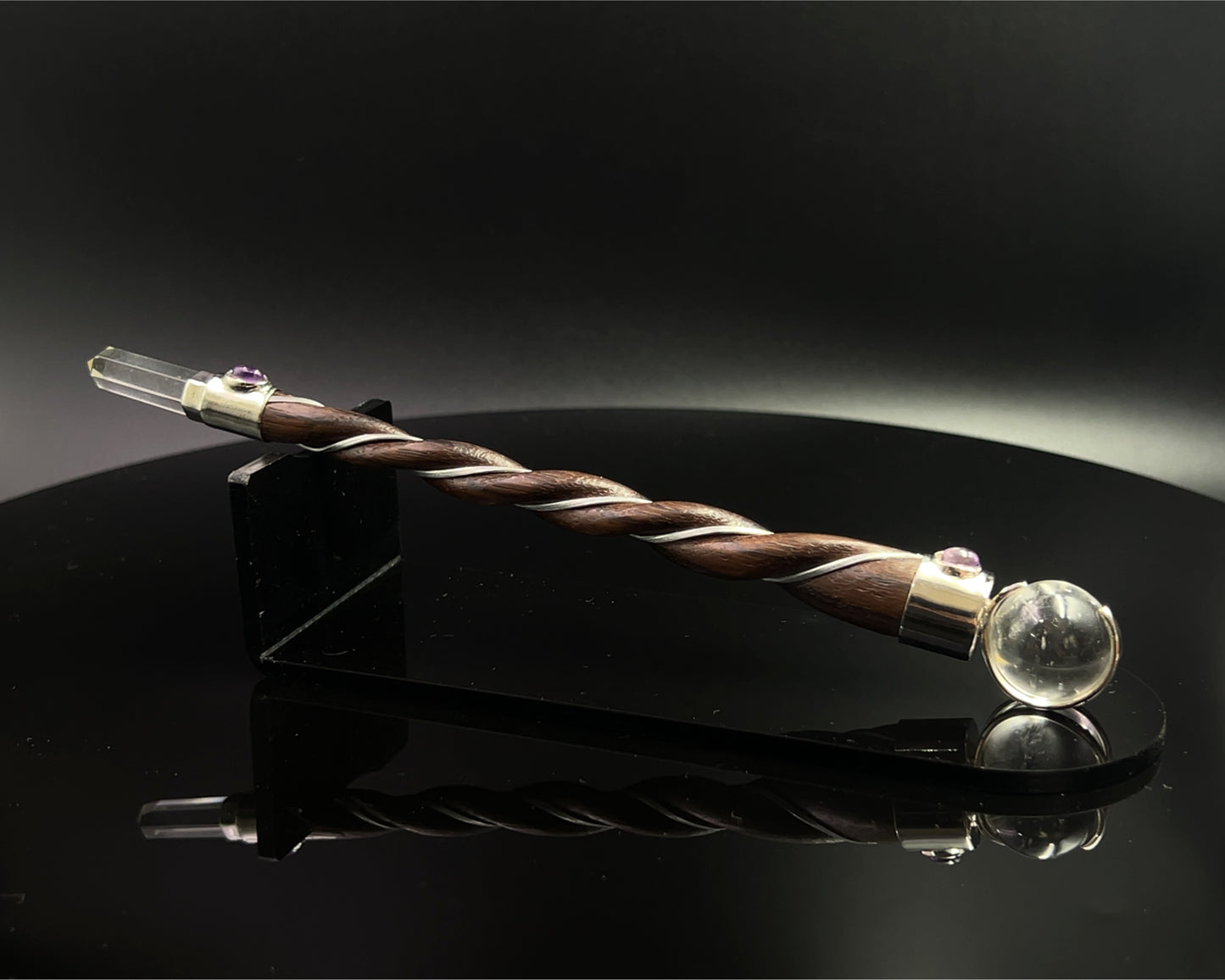 Small Natural Wood Wand with 2 Amethyst Accents and Crystal Sphere and Point in Silver Plated German Silver Setting
