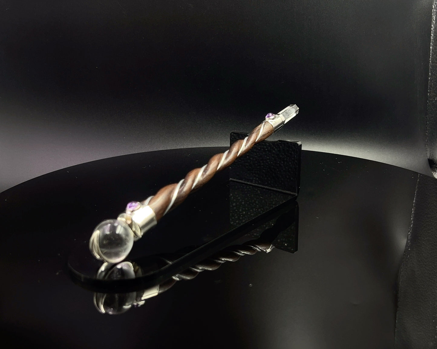 Small Natural Wood Wand with 2 Amethyst Accents and Crystal Sphere and Point in Silver Plated German Silver Setting