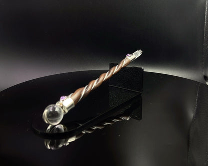 Small Natural Wood Wand with 2 Amethyst Accents and Crystal Sphere and Point in Silver Plated German Silver Setting