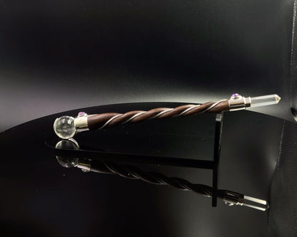 Small Natural Wood Wand with 2 Amethyst Accents and Crystal Sphere and Point in Silver Plated German Silver Setting