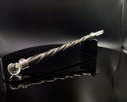 Medium Natural Wood Wand with 2 Garnet Accents and Crystal Sphere and Point in Silver Plated German Silver setting