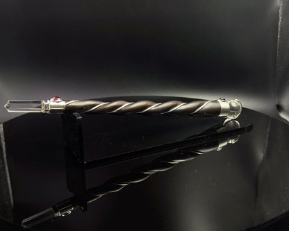 Medium Natural Wood Wand with 2 Garnet Accents and Crystal Sphere and Point in Silver Plated German Silver setting