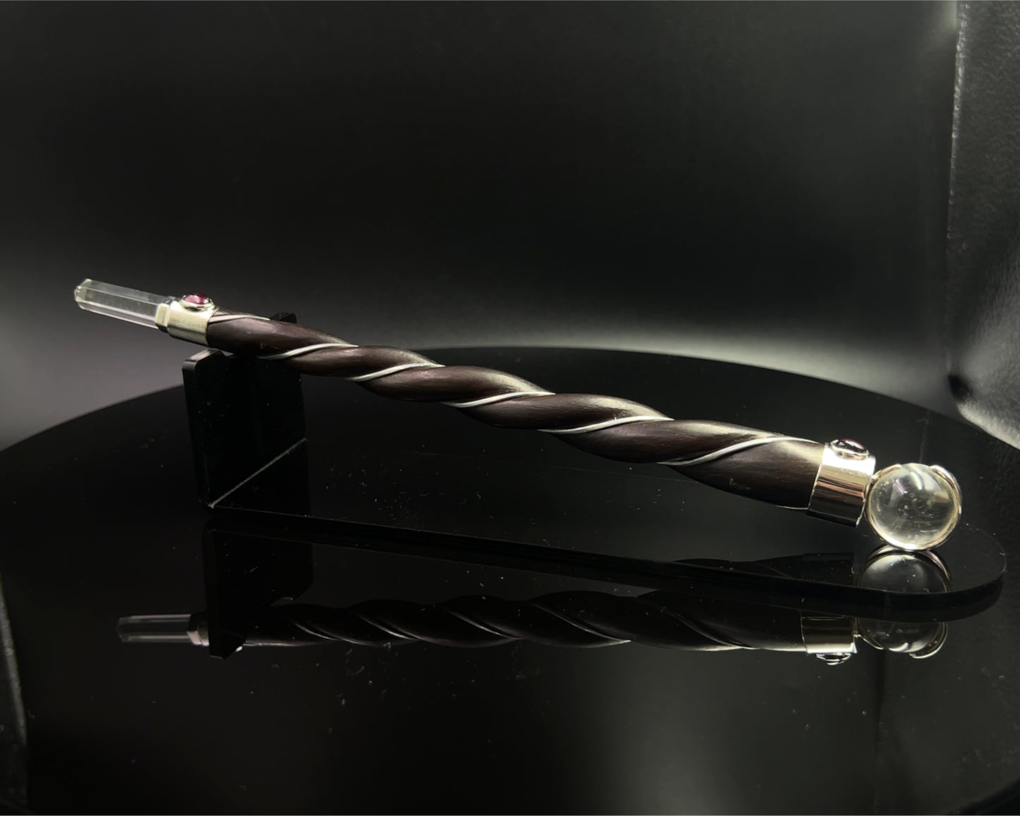 Medium Natural Wood Wand with 2 Garnet Accents and Crystal Sphere and Point in Silver Plated German Silver setting
