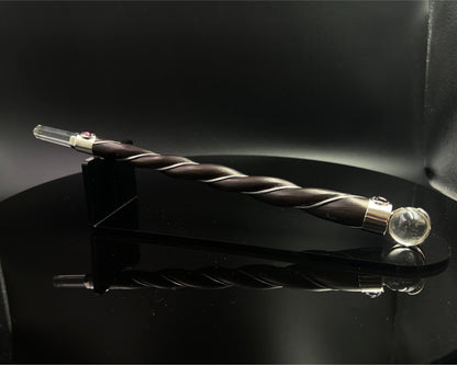 Medium Natural Wood Wand with 2 Garnet Accents and Crystal Sphere and Point in Silver Plated German Silver setting